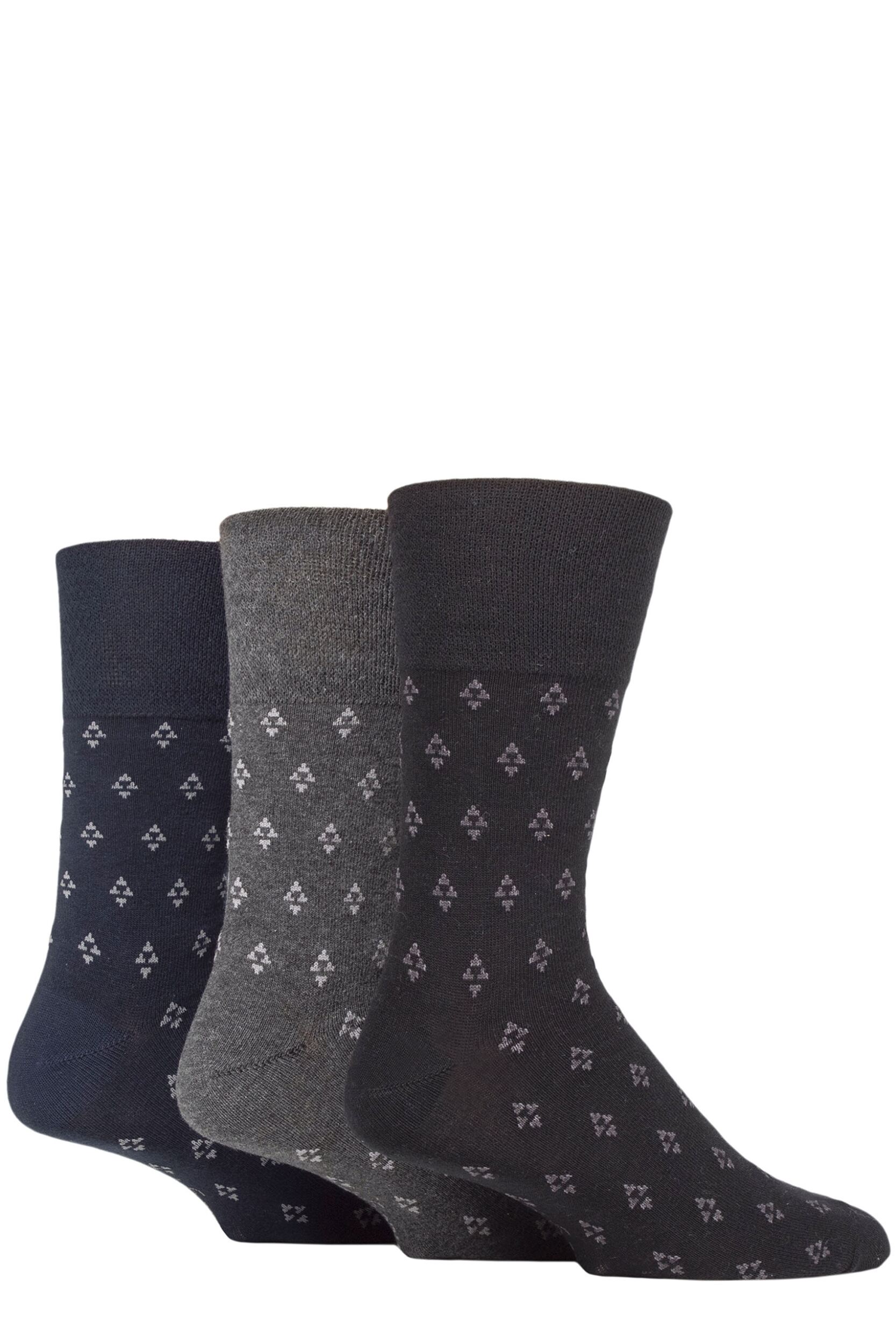 Mens 3 Pair Gentle Grip Cotton Argyle Patterned and Striped Socks Triangle Repeat Black / Navy / Charcoal 6-11 Mens