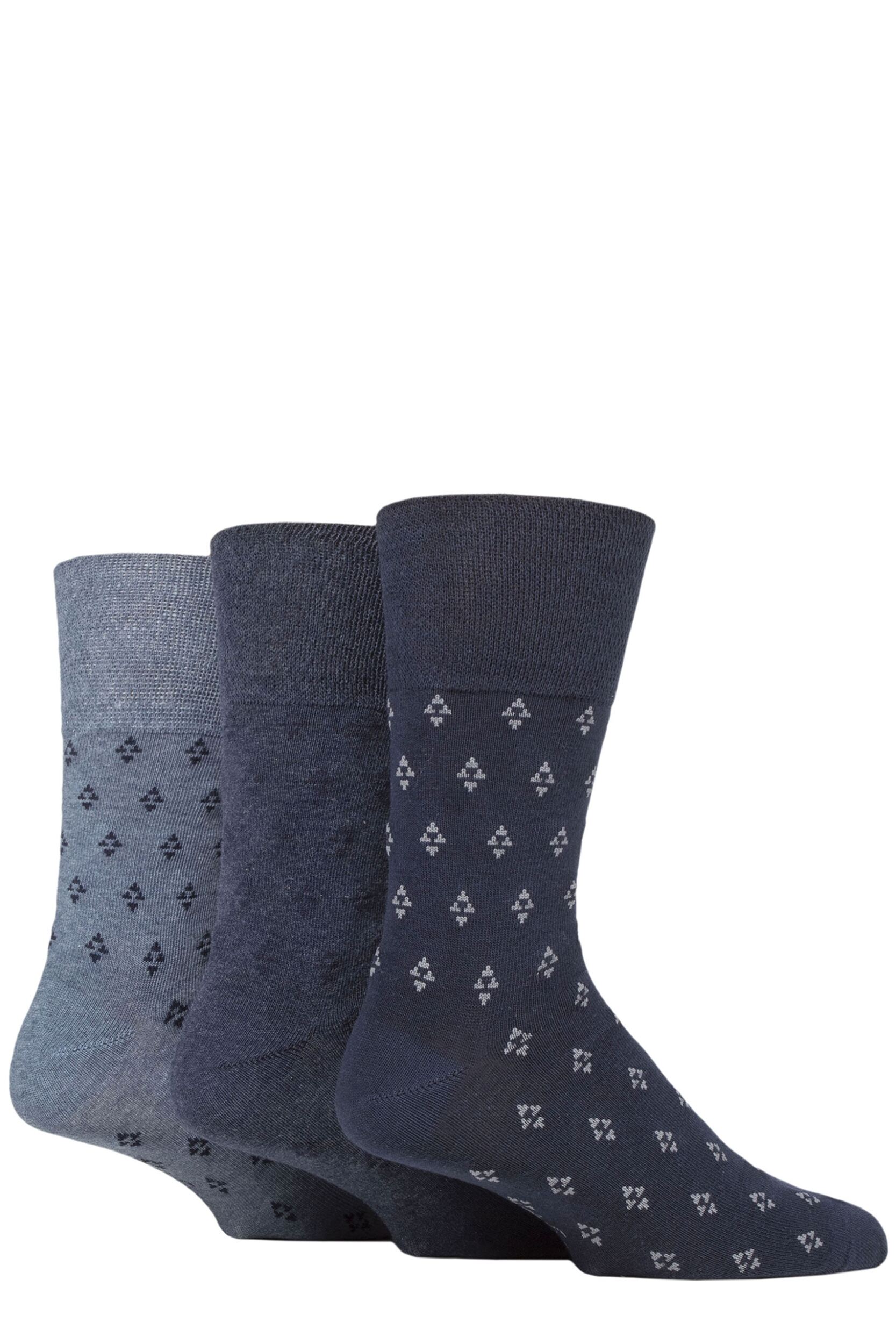 Mens 3 Pair Gentle Grip Cotton Argyle Patterned and Striped Socks Triangle Repeat Navy / Denim 6-11 Mens