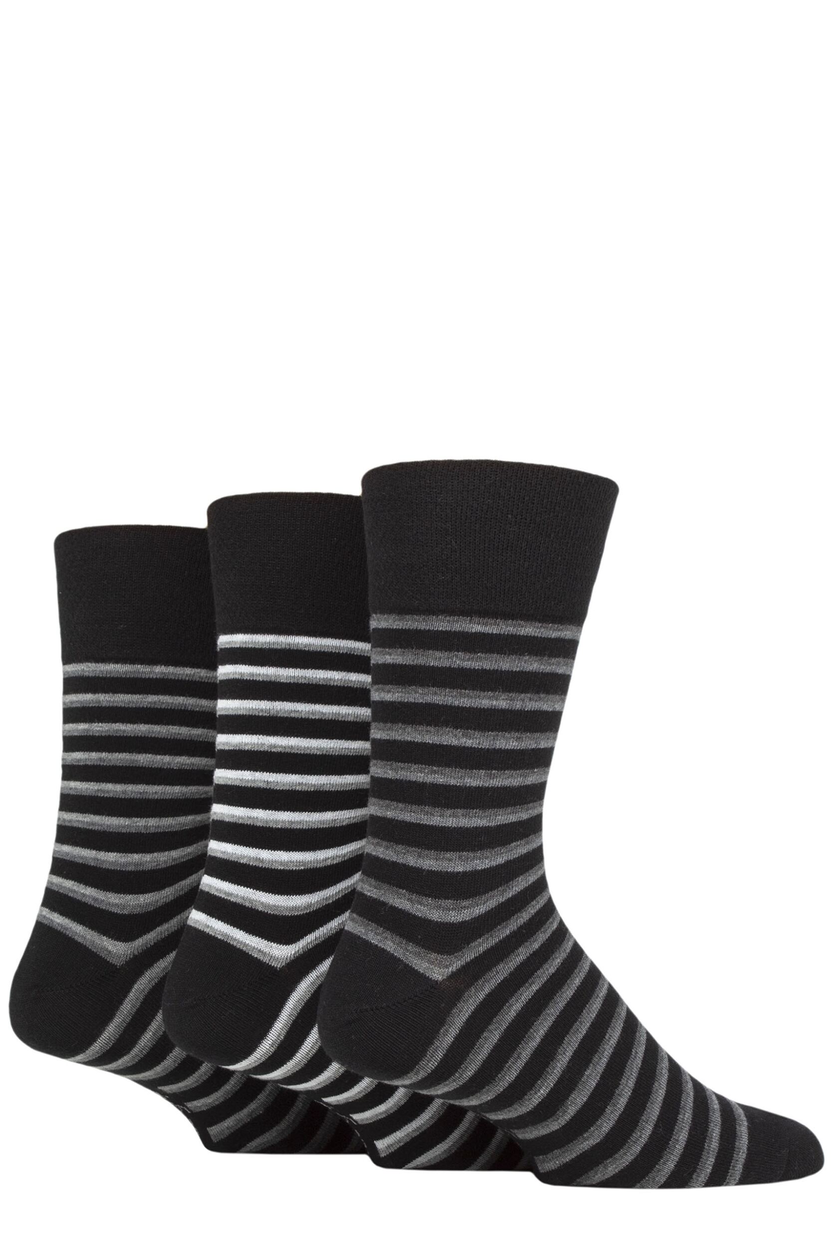 Mens 3 Pair Gentle Grip Cotton Argyle Patterned and Striped Socks Varied Stripe Black 6-11 Mens