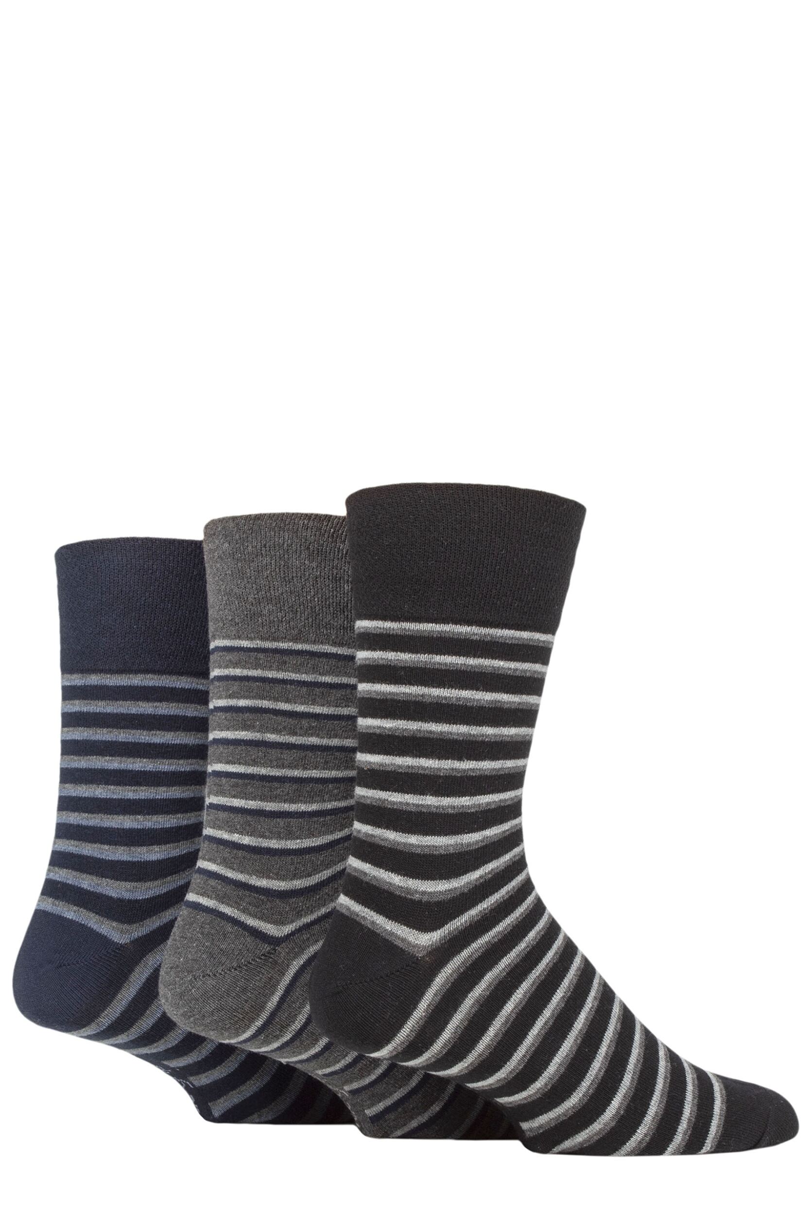 Mens 3 Pair Gentle Grip Cotton Argyle Patterned and Striped Socks Varied Stripe Black / Navy / Charcoal 6-11 Mens