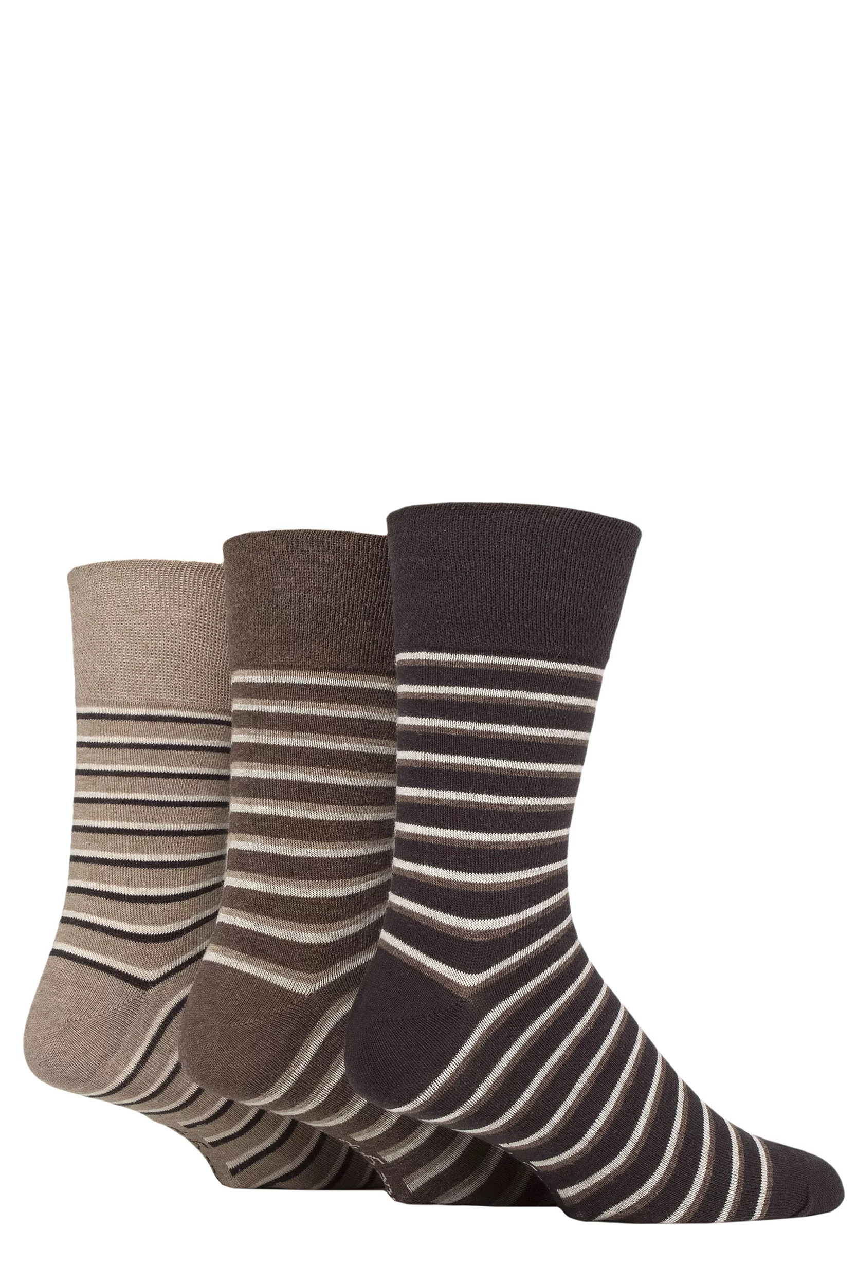 Mens 3 Pair Gentle Grip Cotton Argyle Patterned and Striped Socks Varied Stripe Brown / Natural 6-11 Mens