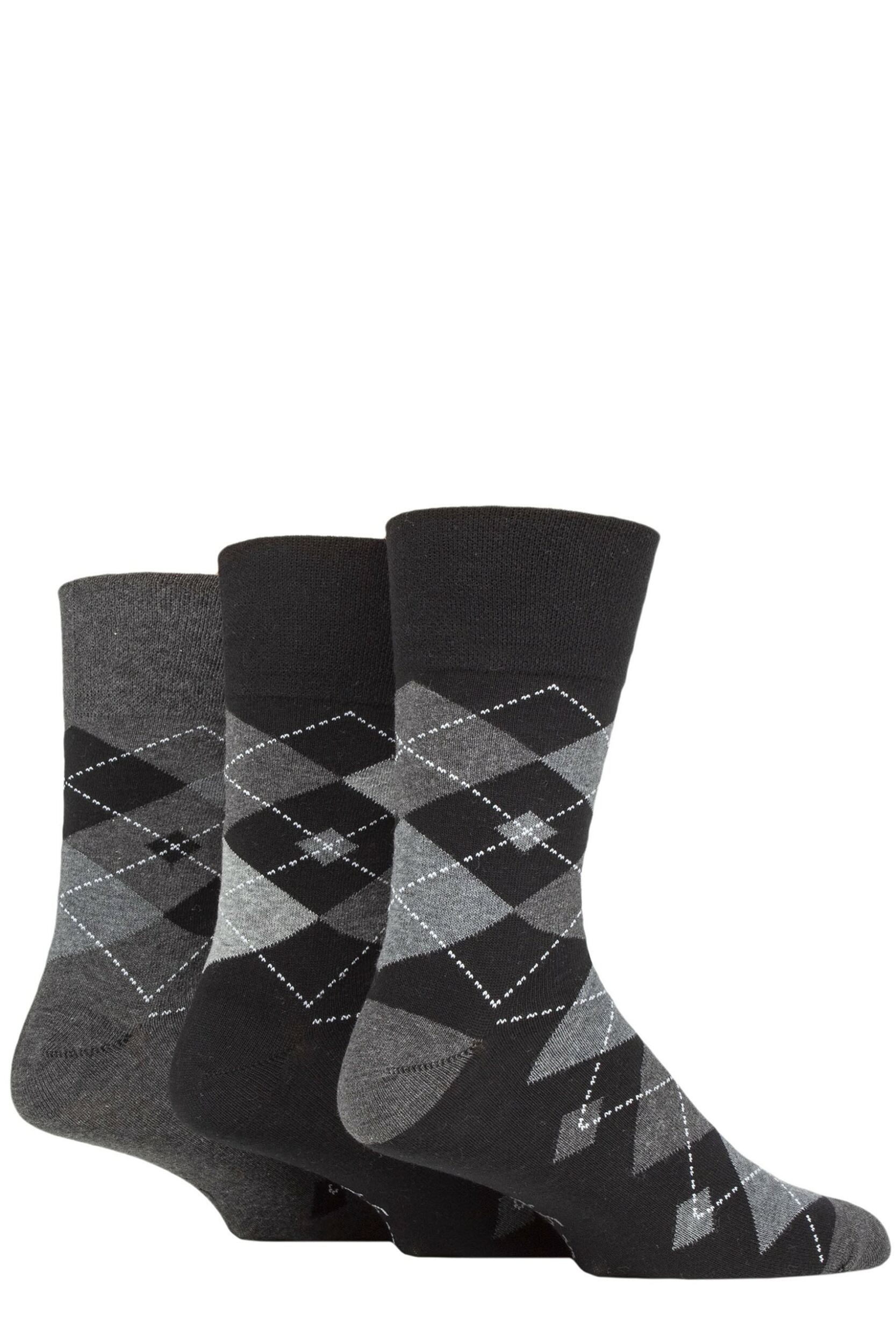 Mens 3 Pair Gentle Grip Argyle Cotton Socks Argyle Black / Charcoal 6-11
