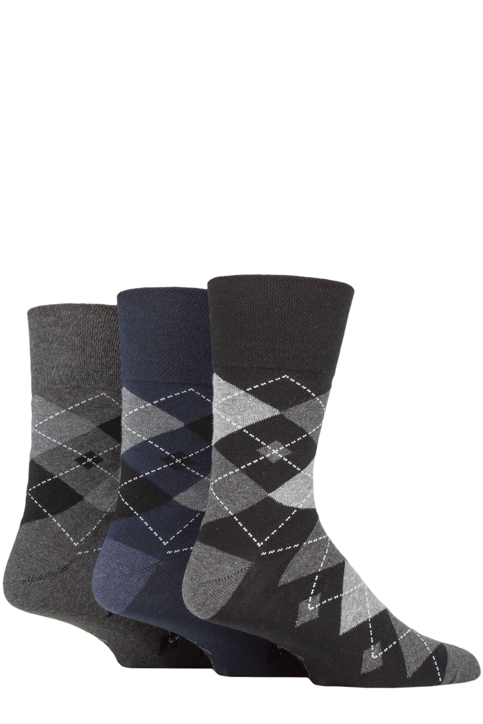 Mens 3 Pair Gentle Grip Argyle Cotton Socks Argyle Black / Navy / Charcoal 6-11