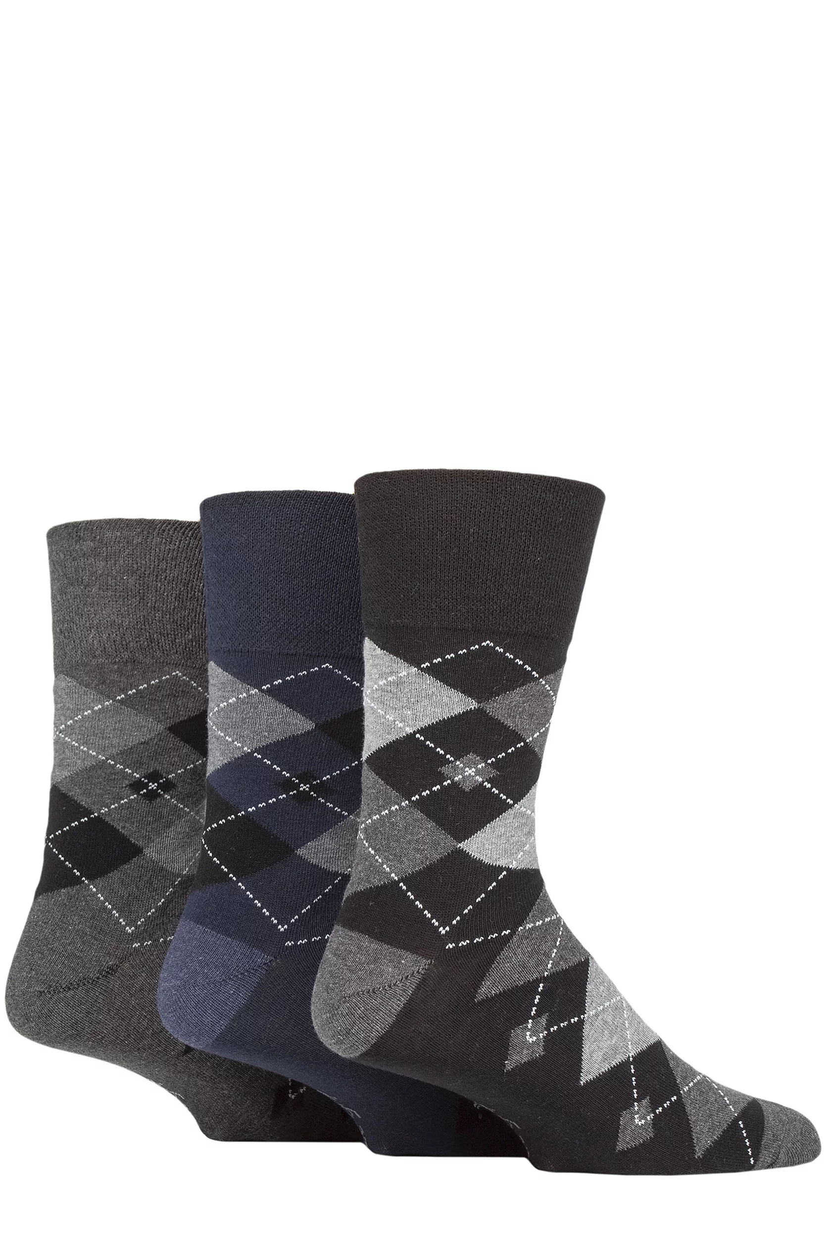 Mens 3 Pair Gentle Grip Argyle Cotton Socks Argyle Black / Navy / Charcoal 6