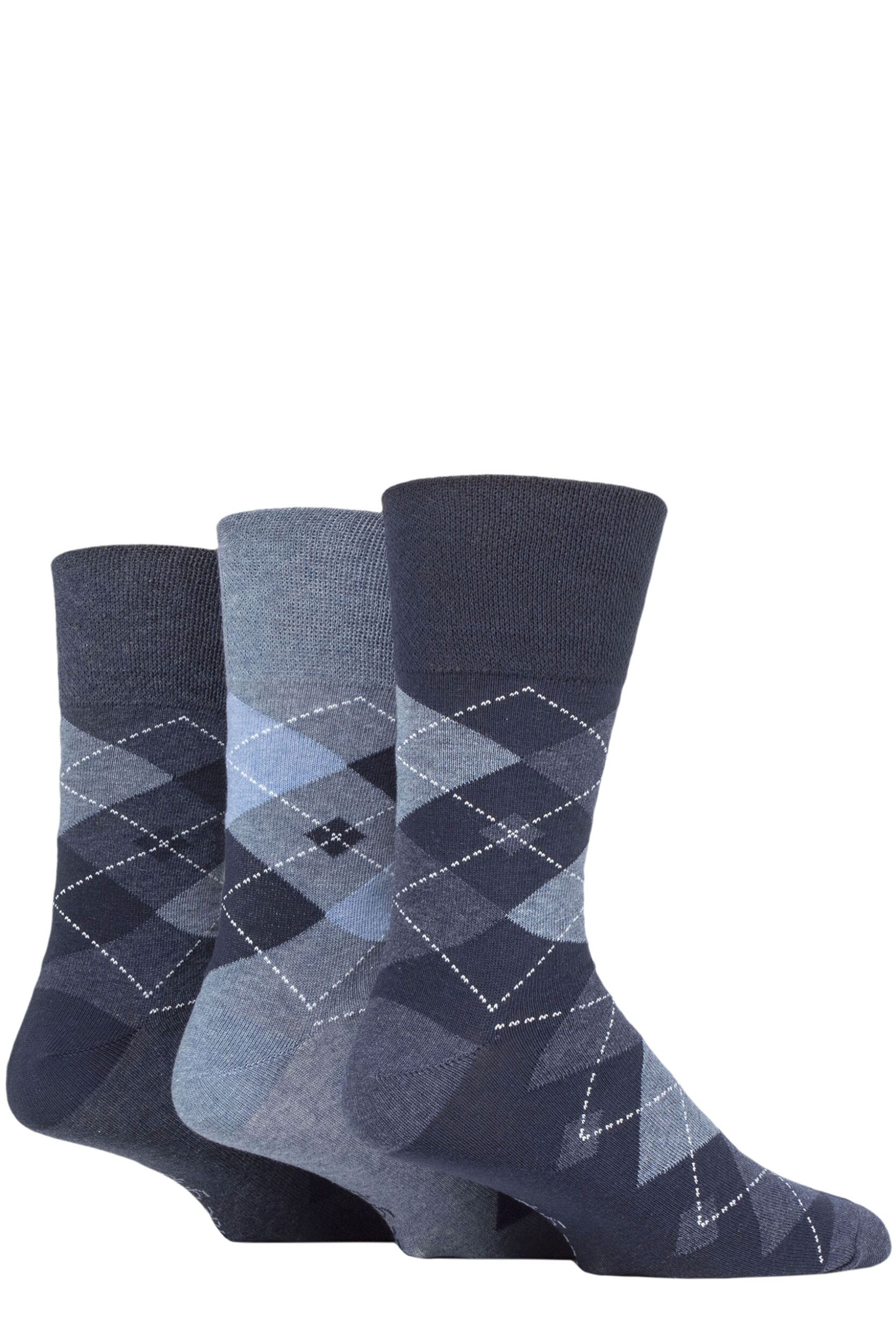 Mens 3 Pair Gentle Grip Argyle Cotton Socks Argyle Navy / Denim 6-11