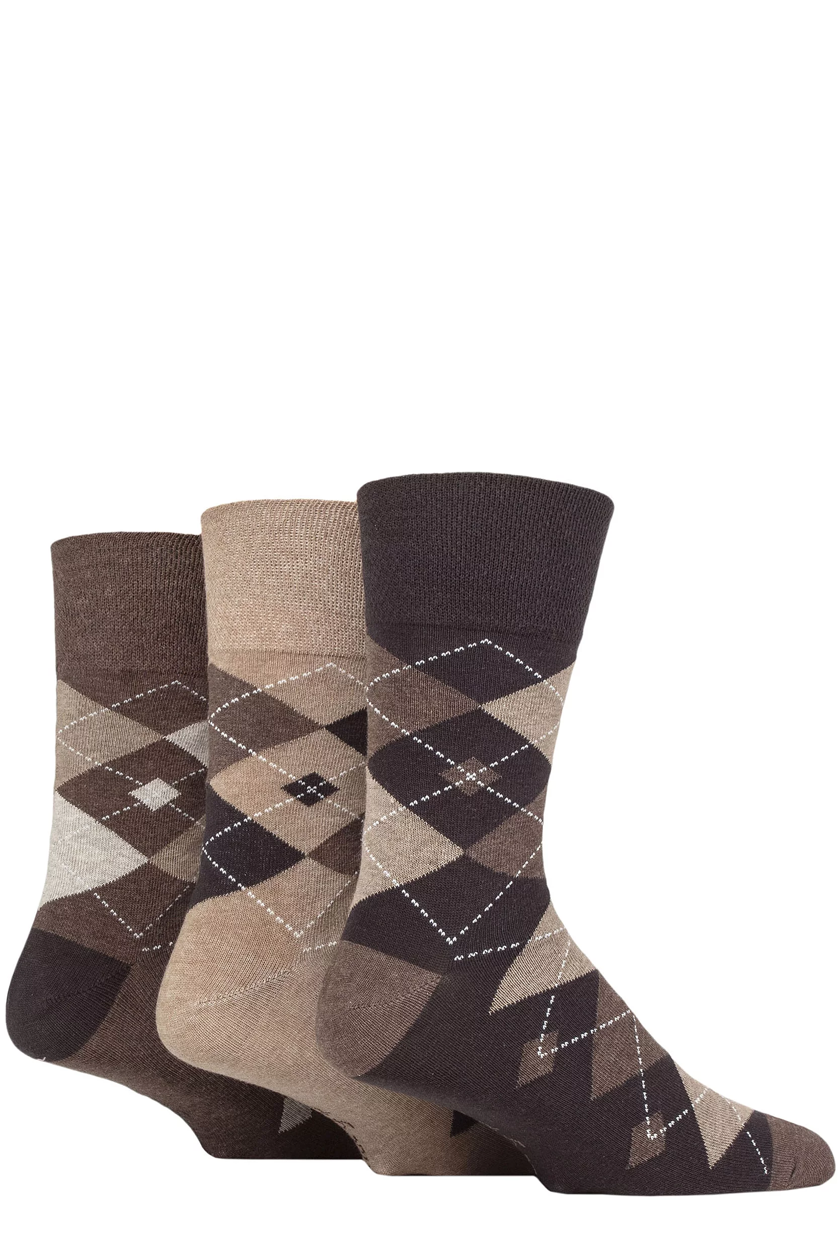 Mens 3 Pair Gentle Grip Argyle Cotton Socks Argyle Brown / Natural 6