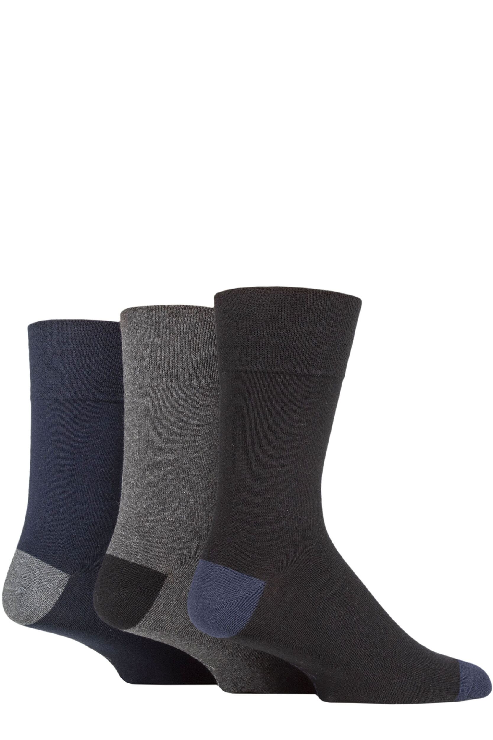 Mens 3 Pair Gentle Grip Cotton Argyle Patterned and Striped Socks Contrast Heel and Toe Black / Navy / Charcoal 6-11