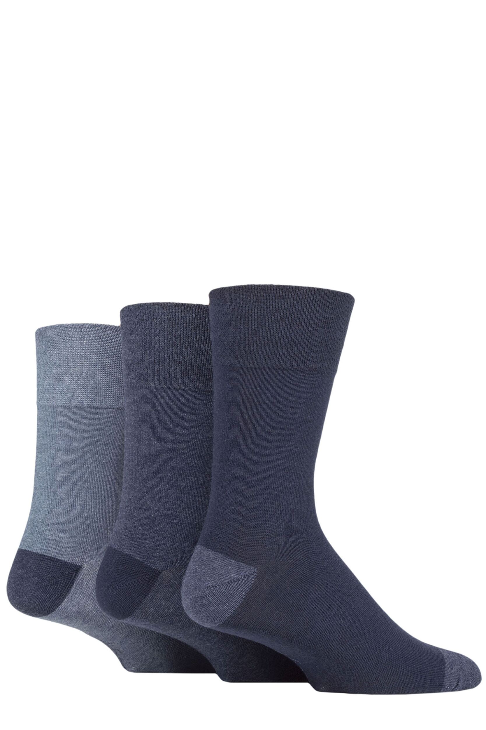 Mens 3 Pair Gentle Grip Cotton Argyle Patterned and Striped Socks Contrast Heel and Toe Navy / Denim 6-11