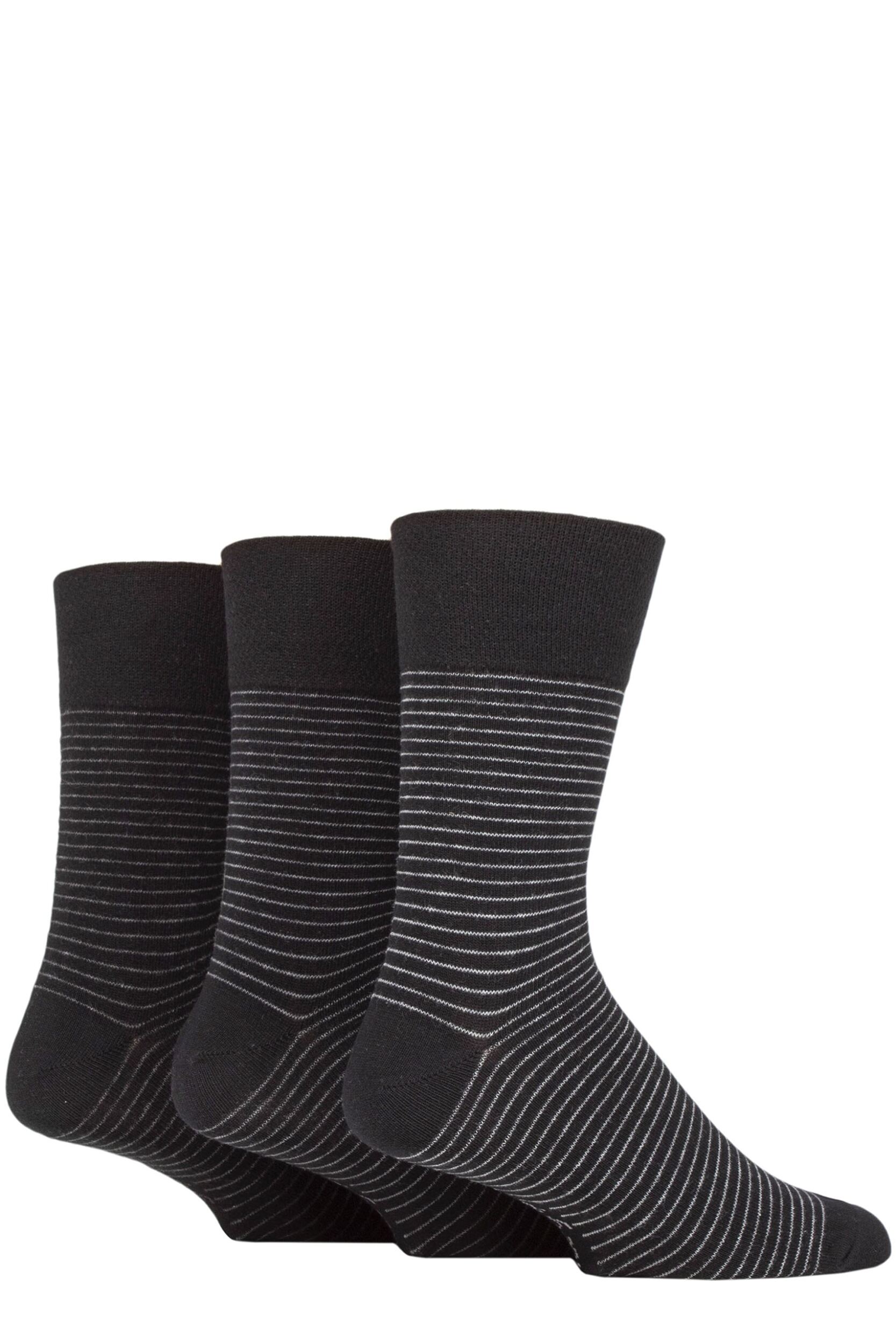 Mens 3 Pair Gentle Grip Cotton Argyle Patterned and Striped Socks Stripe Black 6-11