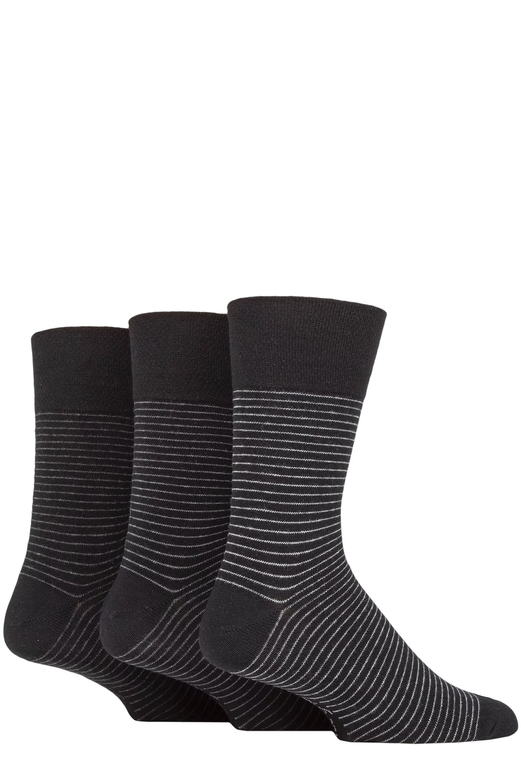 Mens 3 Pair Gentle Grip Cotton Argyle Patterned and Striped Socks Stripe Black 6