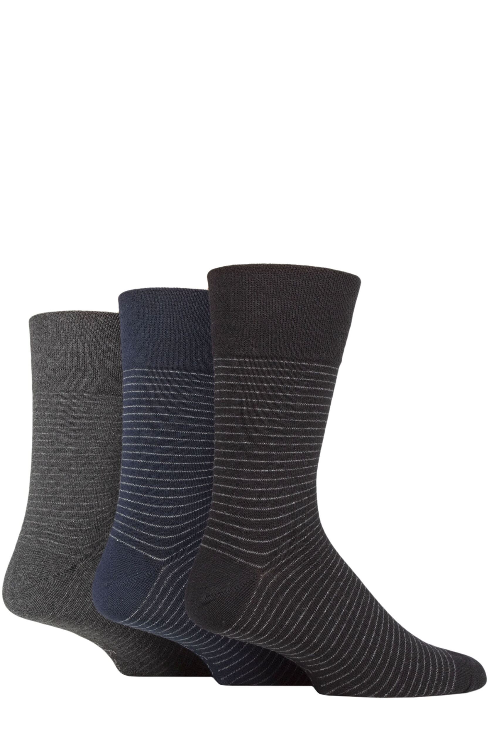 Image of Mens 3 Pair Gentle Grip Cotton Argyle Patterned and Striped Socks Stripe Black / Navy / Charcoal 6-11