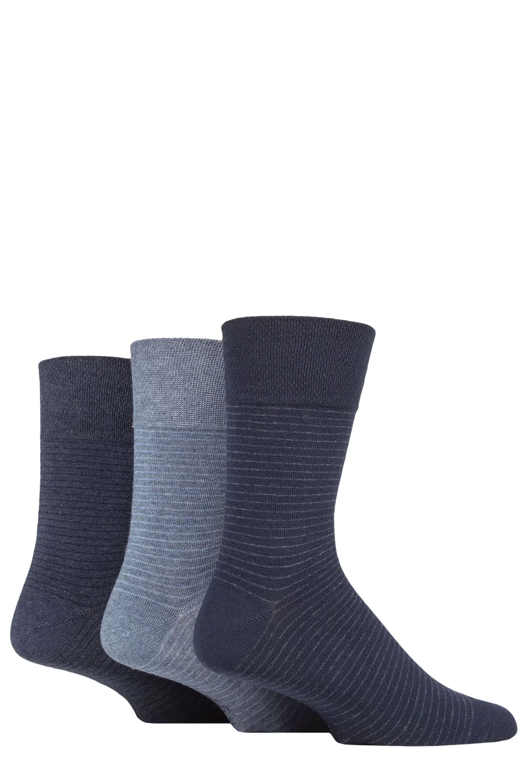 Mens 3 Pair Gentle Grip Cotton Argyle Patterned and Striped Socks Stripe Navy / Denim 6