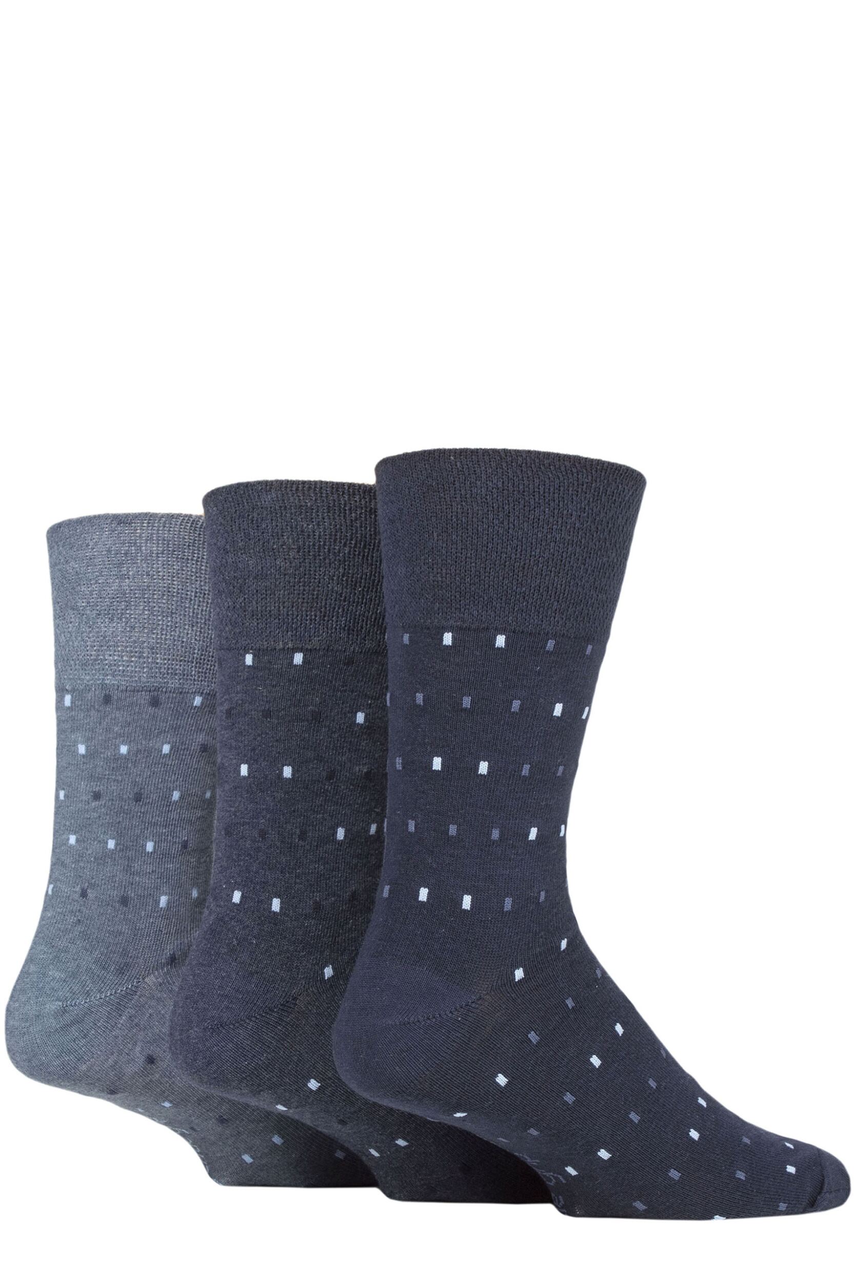 Mens 3 Pair Gentle Grip Cotton Argyle Patterned and Striped Socks Micro Rectangle Navy / Denim 6-11