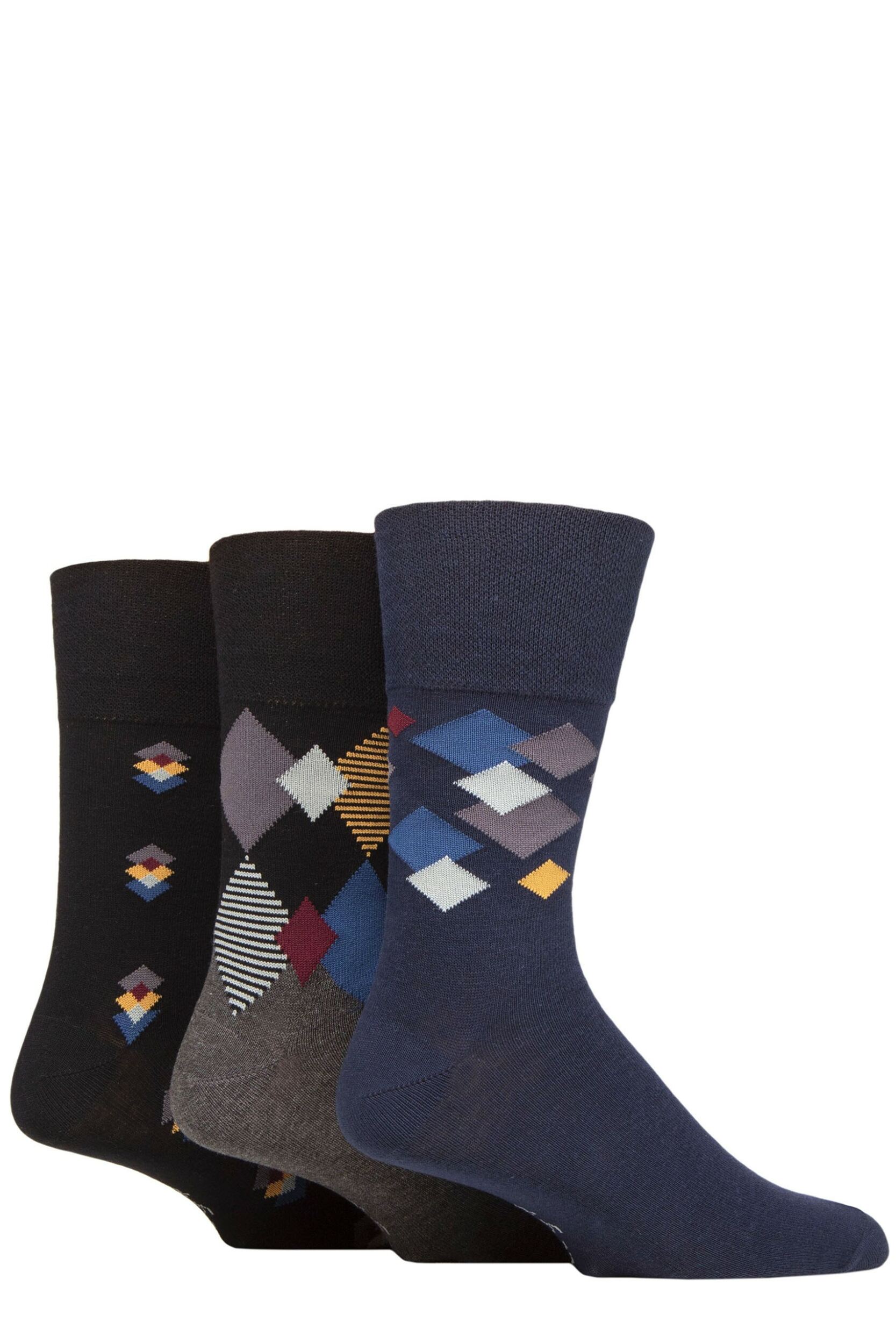 Mens 3 Pair Gentle Grip Cotton Argyle Patterned and Striped Socks Metro Argyle Black / Navy / Charcoal 6-11