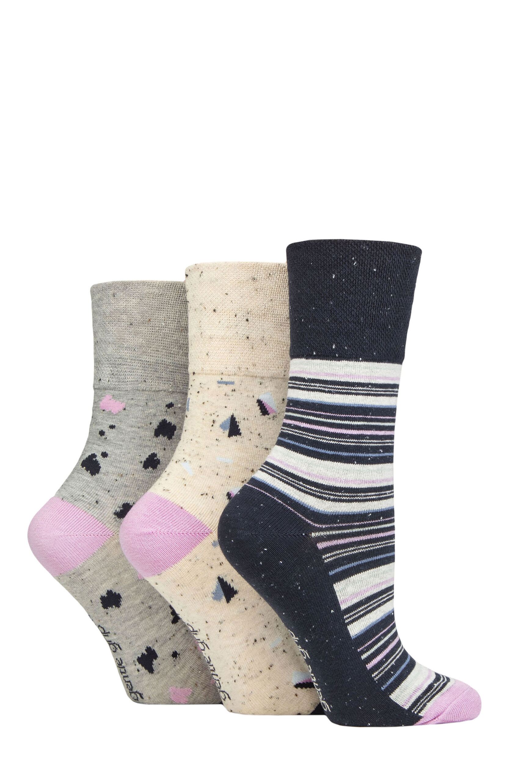 Women's 3 Pair Gentle Grip Cotton Patterned and Striped Socks Summery Terazzo 4-8