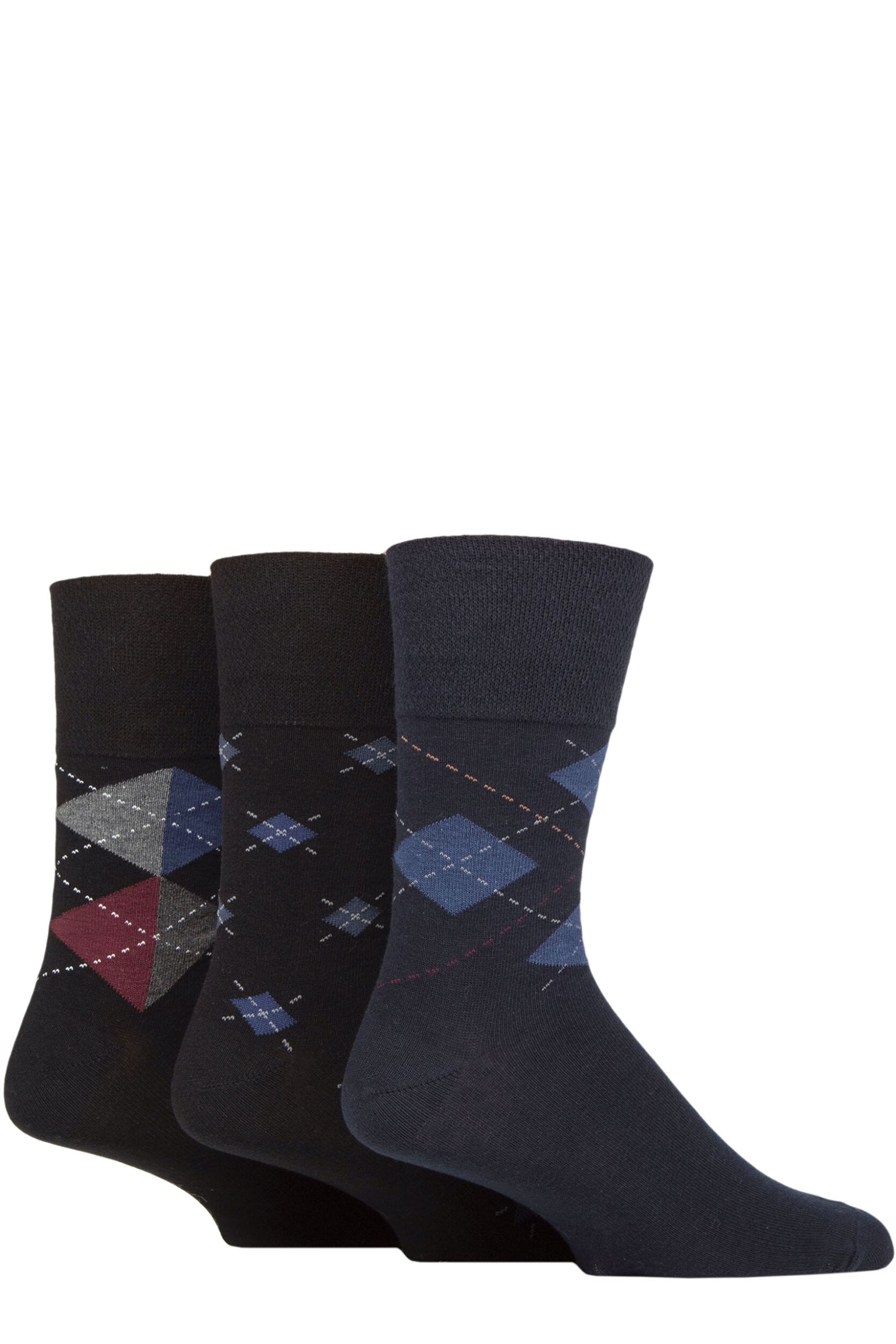 Mens 3 Pair Gentle Grip Cotton Argyle Patterned and Striped Socks Argyle Bold  / Repeat  / Navy 6-11