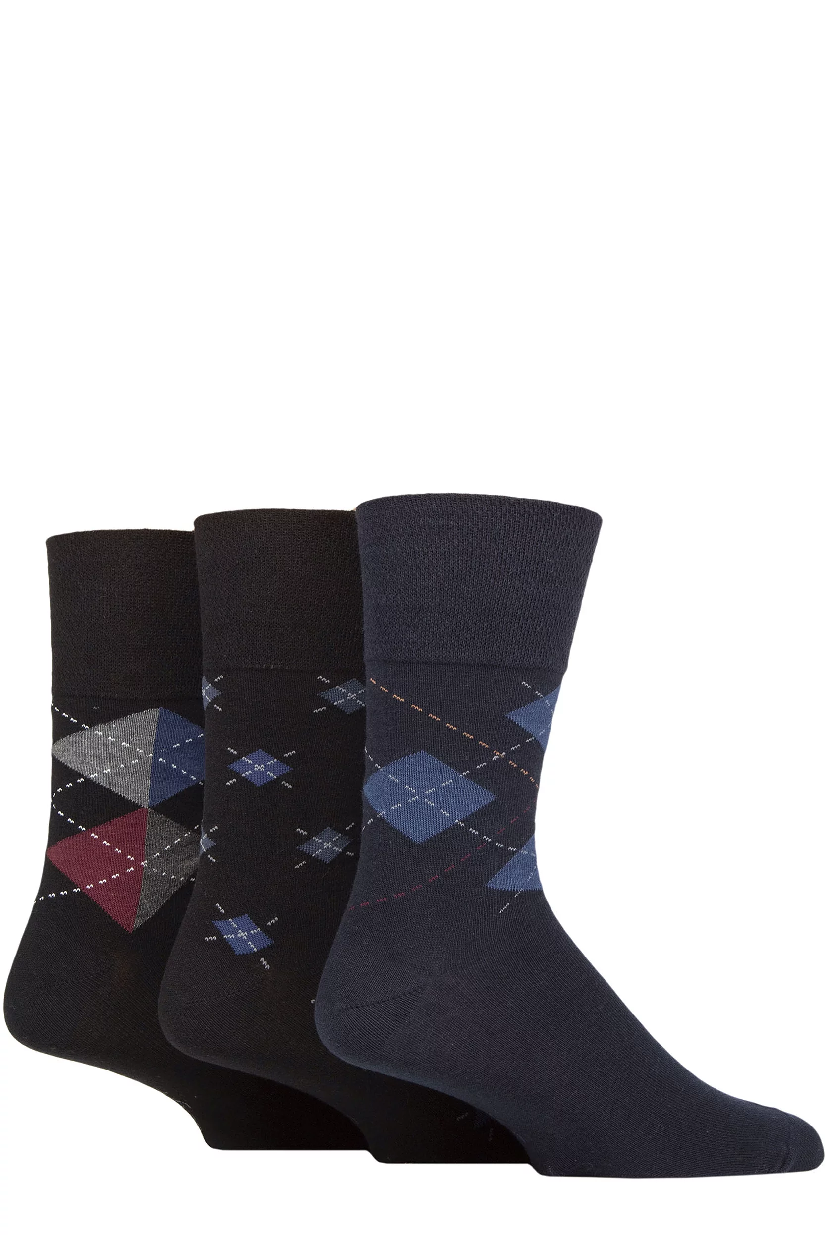Mens 3 Pair Gentle Grip Cotton Argyle Patterned and Striped Socks Argyle Bold / Repeat / Navy 6