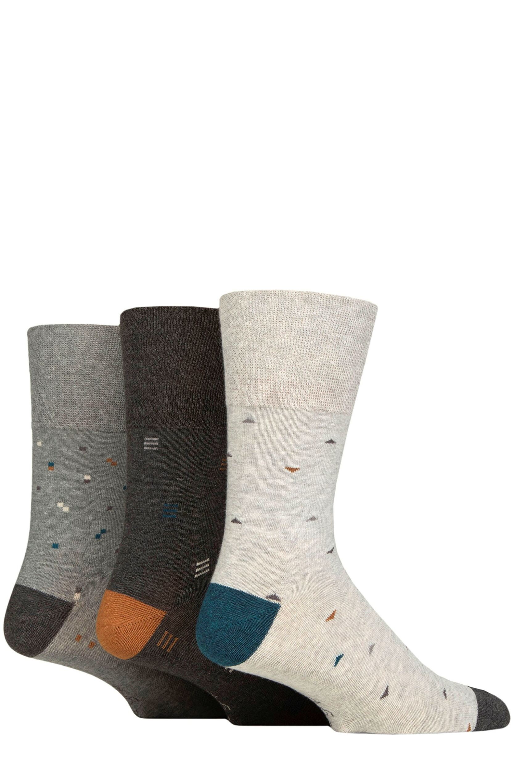Mens 3 Pair Gentle Grip Cotton Argyle Patterned and Striped Socks Geometric Myriad Mid Grey 6-11