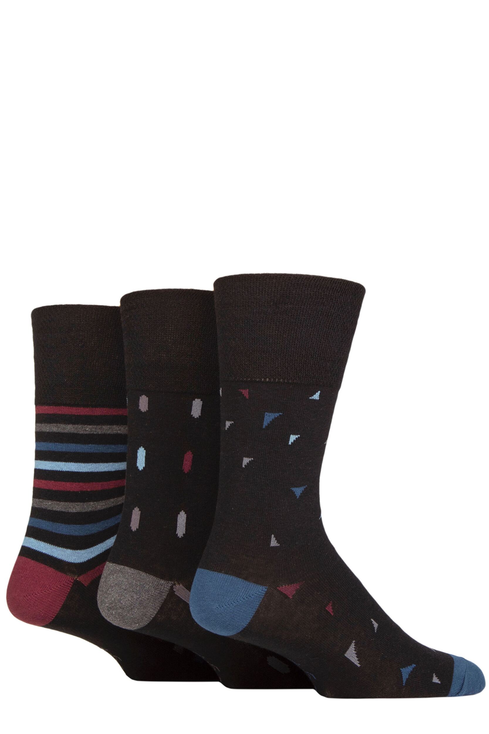 Mens 3 Pair Gentle Grip Cotton Argyle Patterned and Striped Socks New World Geo 6-11
