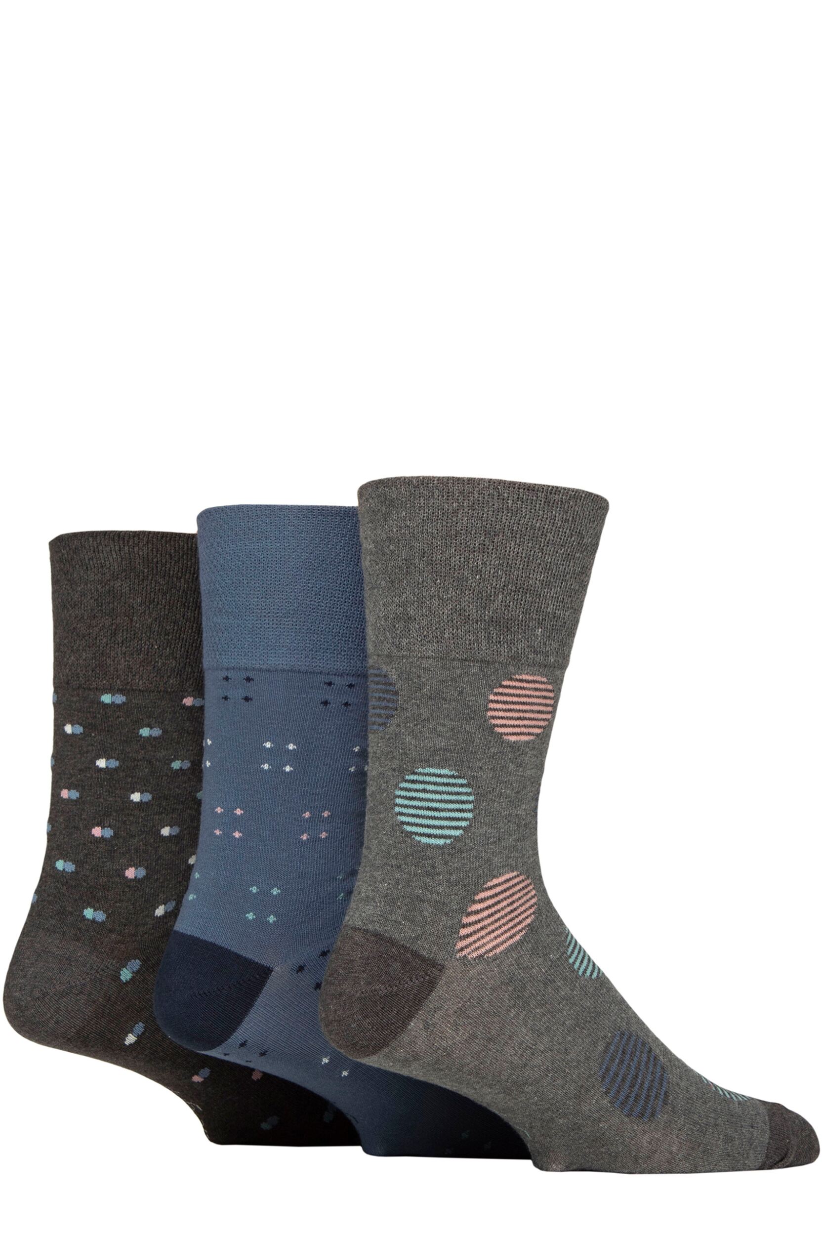 Image of Mens 3 Pair Gentle Grip Cotton Argyle Patterned and Striped Socks Cosmic Neutral Grey / Charcoal / Blue 6-11