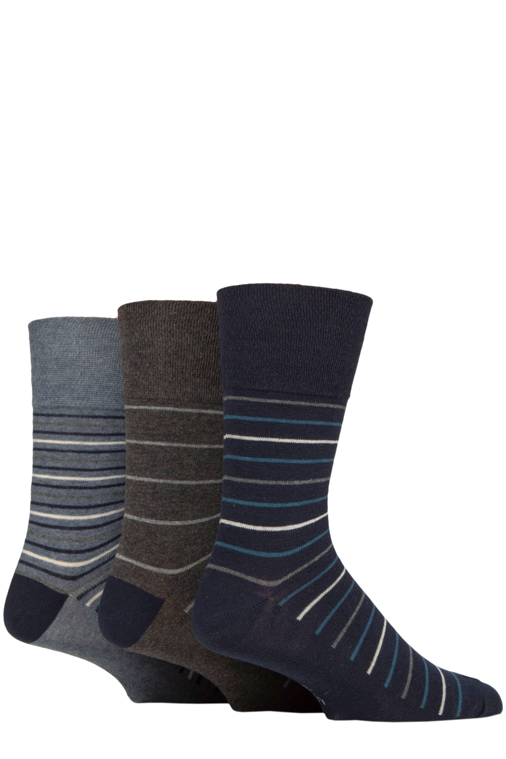 Image of Mens 3 Pair Gentle Grip Cotton Argyle Patterned and Striped Socks Casual Pinstripe Denim Melange 6-11