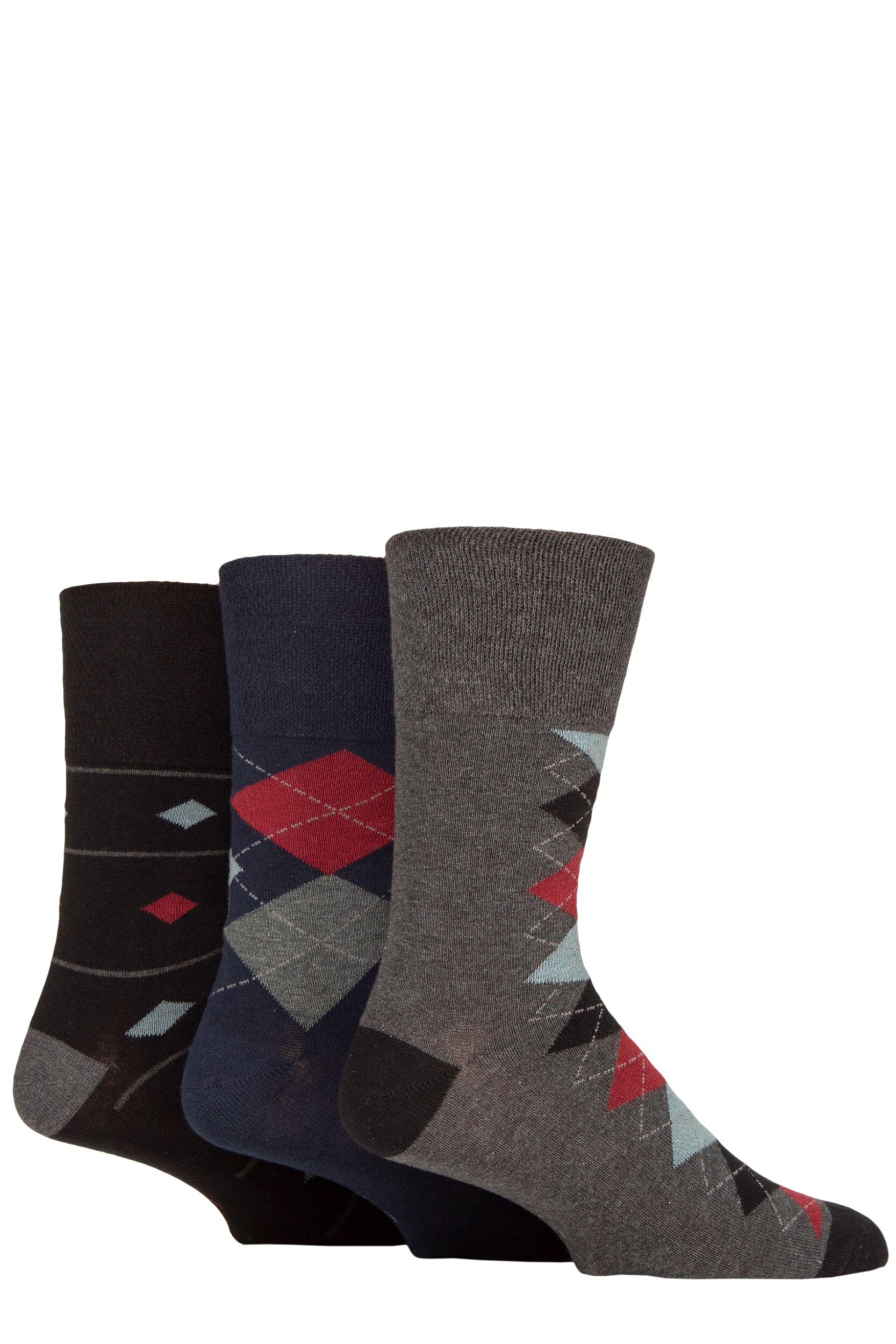 Image of Mens 3 Pair Gentle Grip Cotton Argyle Patterned and Striped Socks Modernised Argyle Navy / Black 6-11