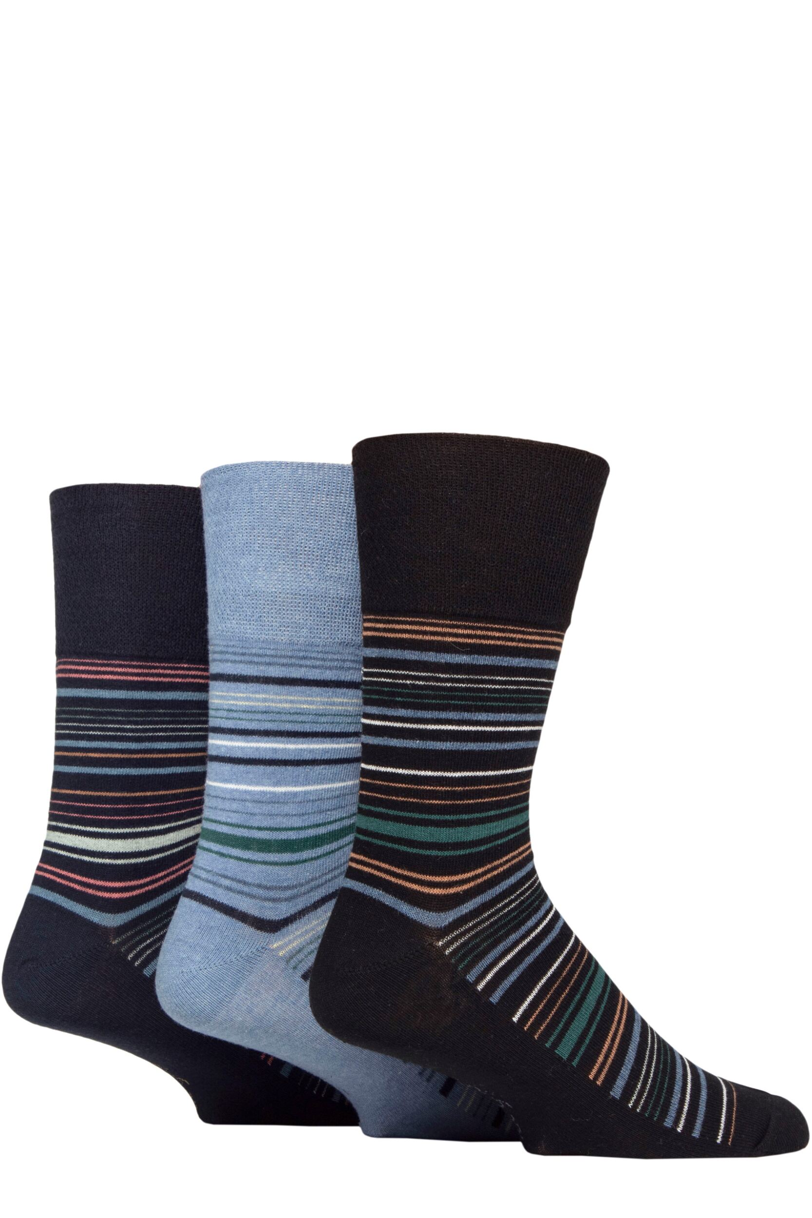 Mens 3 Pair Gentle Grip Cotton Argyle Patterned and Striped Socks Fine Stripe Black / Navy / Light Blue 6-11