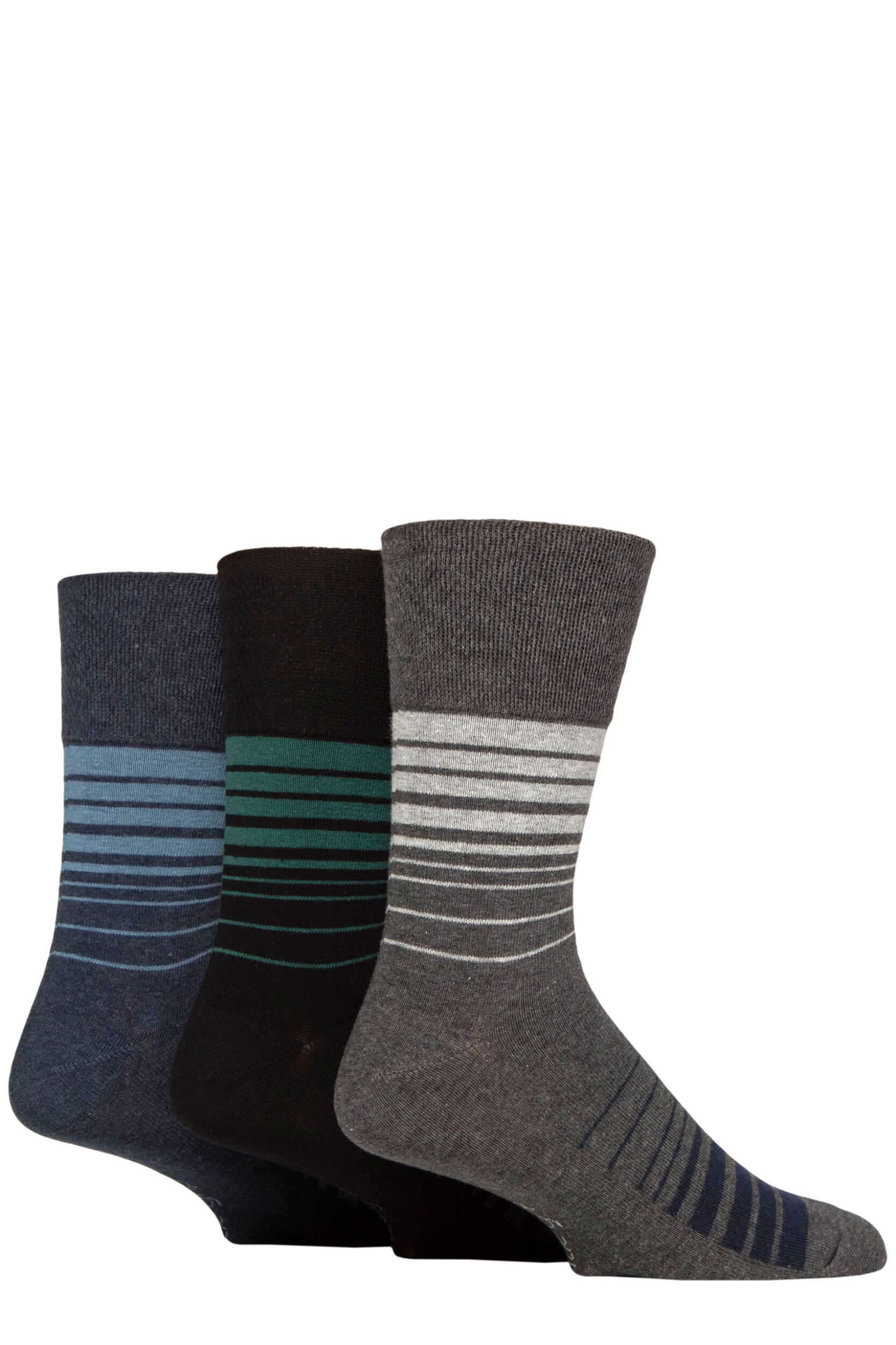 Image of Mens 3 Pair Gentle Grip Cotton Argyle Patterned and Striped Socks Gradient Stripe Black / Navy 6-11