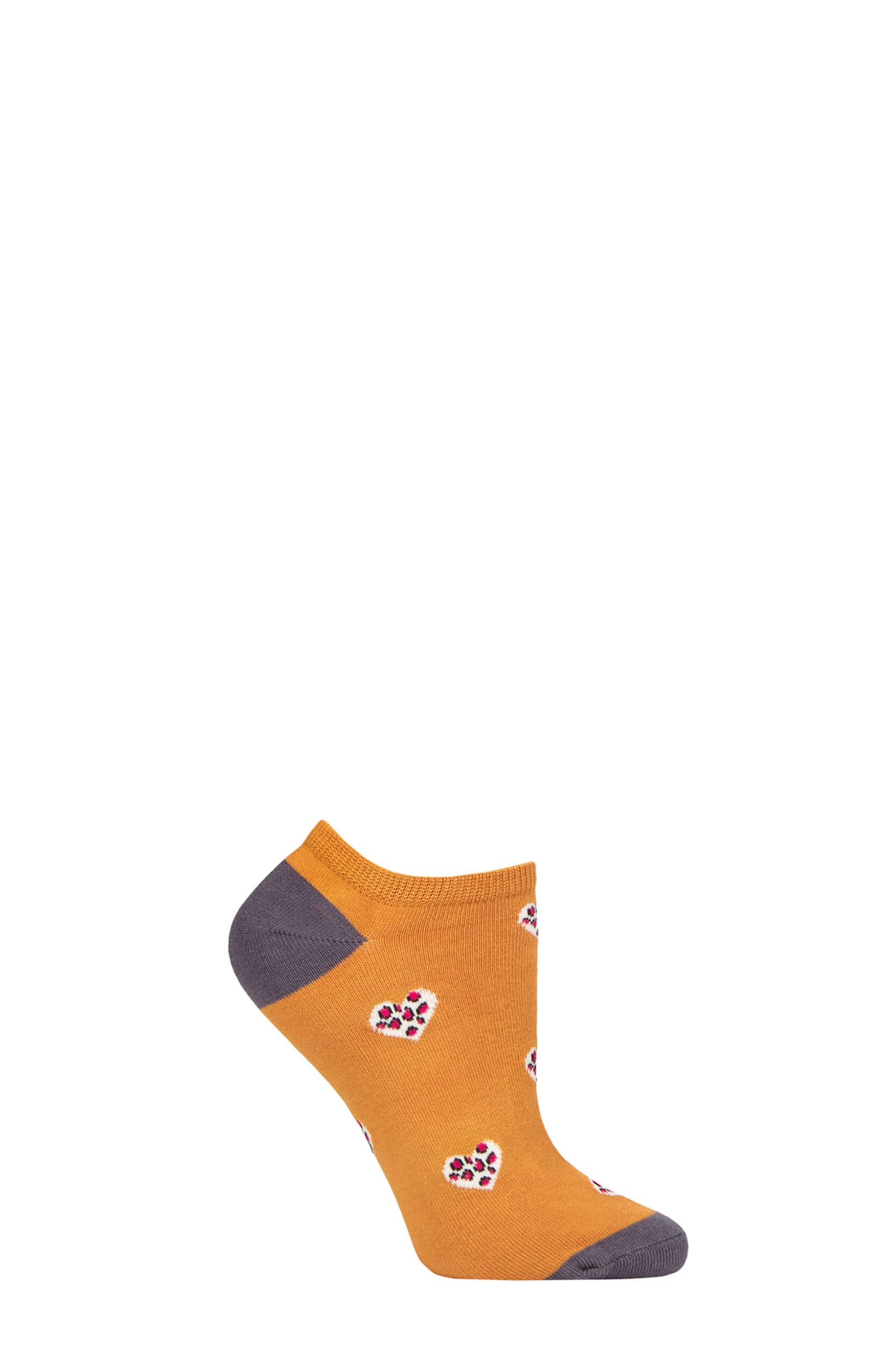 Women's 1 Pair Thought Lily Leopard Heart Bamboo and Organic Cotton Trainer Socks Amber Yellow 4-7 Ladies