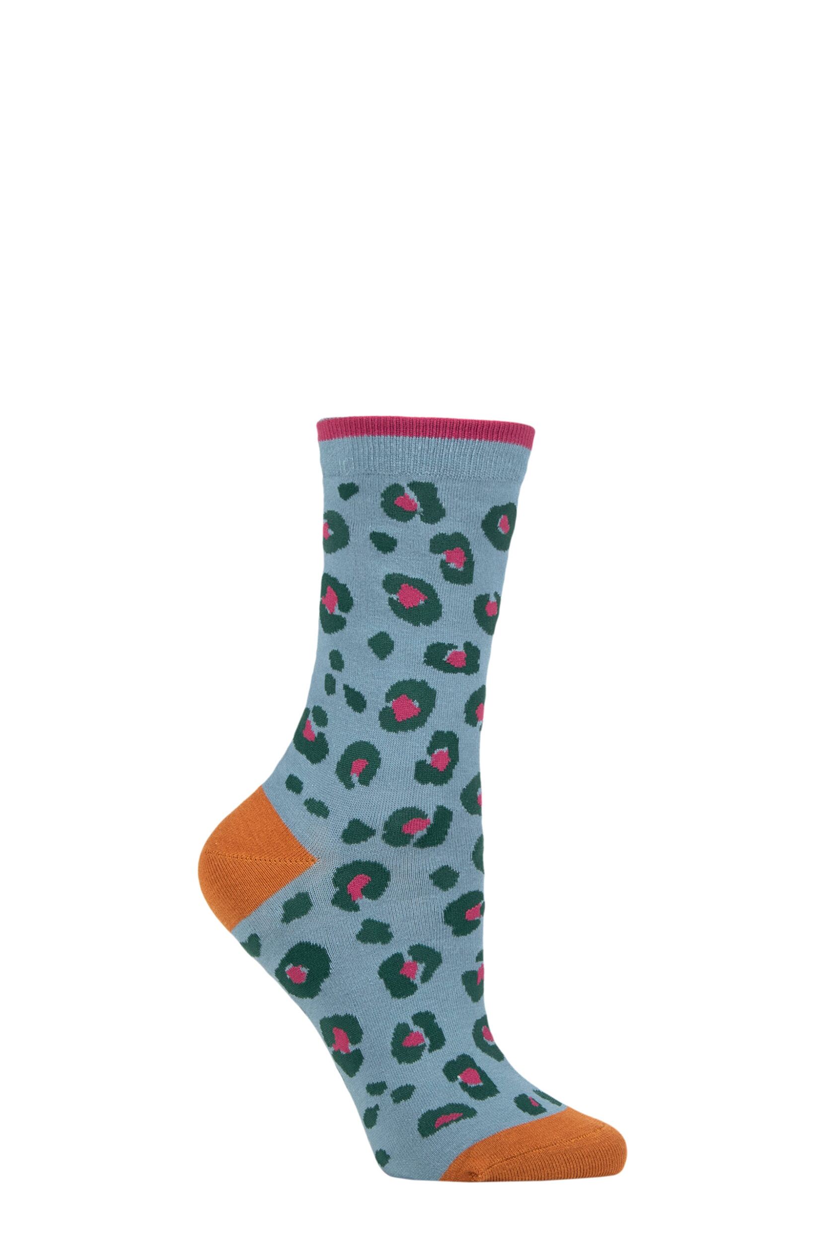 Women's 1 Pair Thought Leopard Print Organic Cotton Socks Sea Blue 4-7 Ladies