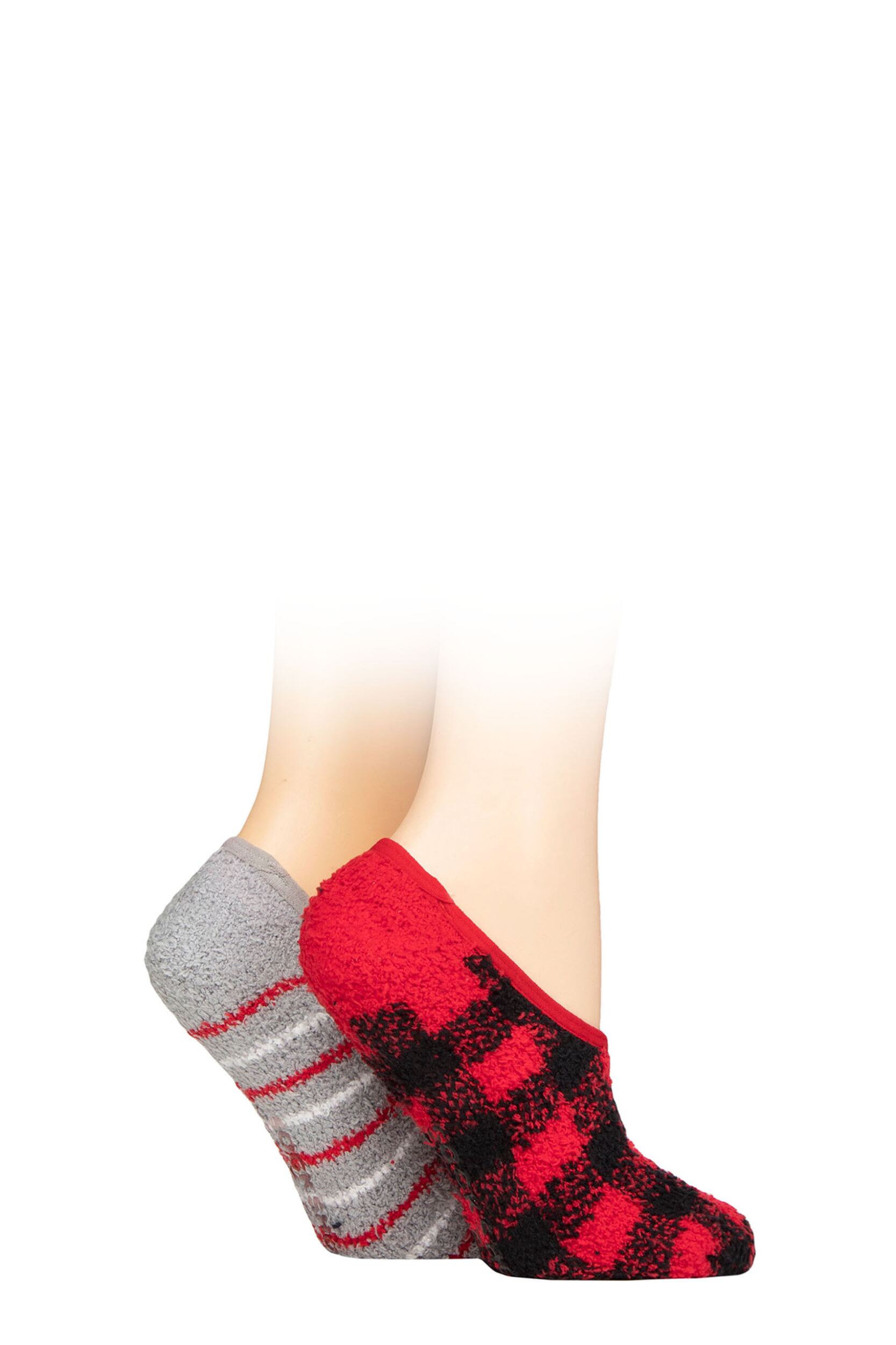 Women's 2 Pair SOCKSHOP Wildfeet Animal and Patterned Cosy Slipper Socks with Grip Red Checker and Stripes 4-8 UK
