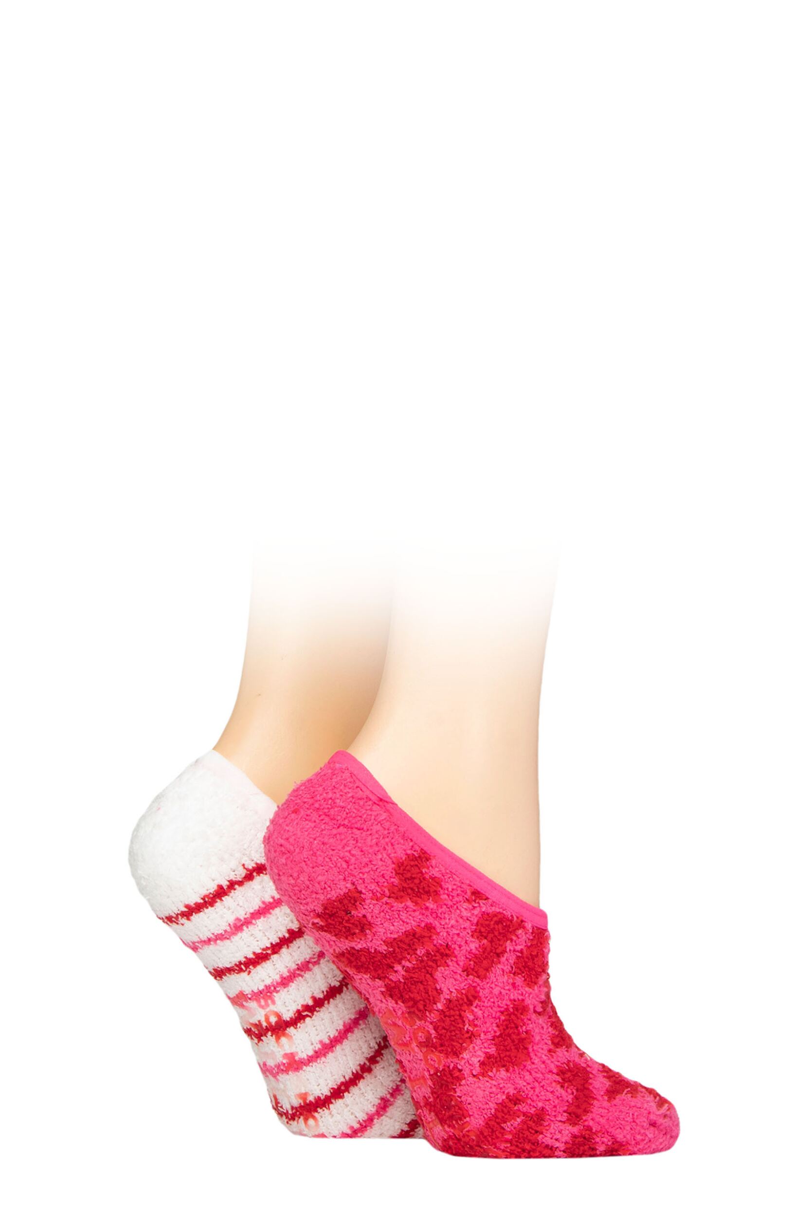 Women's 2 Pair SOCKSHOP Wildfeet Animal and Patterned Cosy Slipper Socks with Grip Hearts and Stripes 4-8 UK