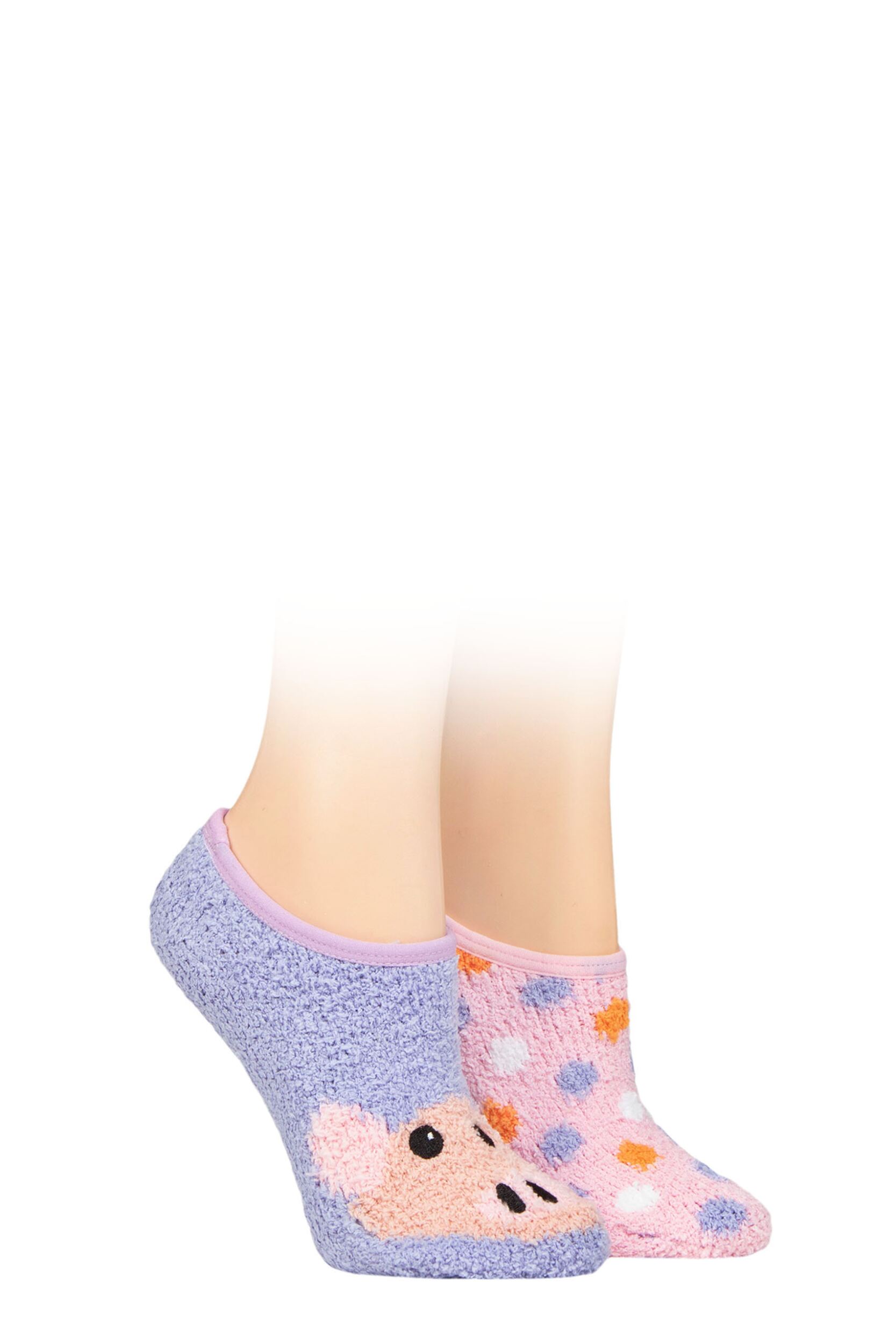 Women's 2 Pair SOCKSHOP Wildfeet Animal and Patterned Cosy Slipper Socks with Grip Pig 4-8 UK