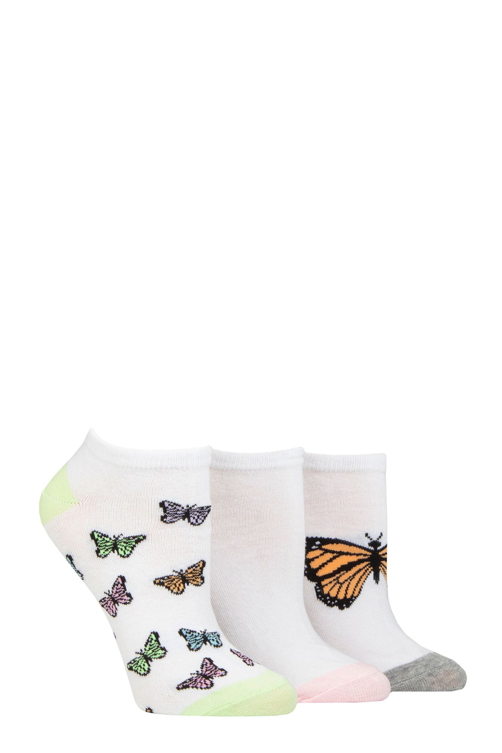 Women's 3 Pair SOCKSHOP Wildfeet Novelty Cotton Trainer Socks Butterflies 4-8