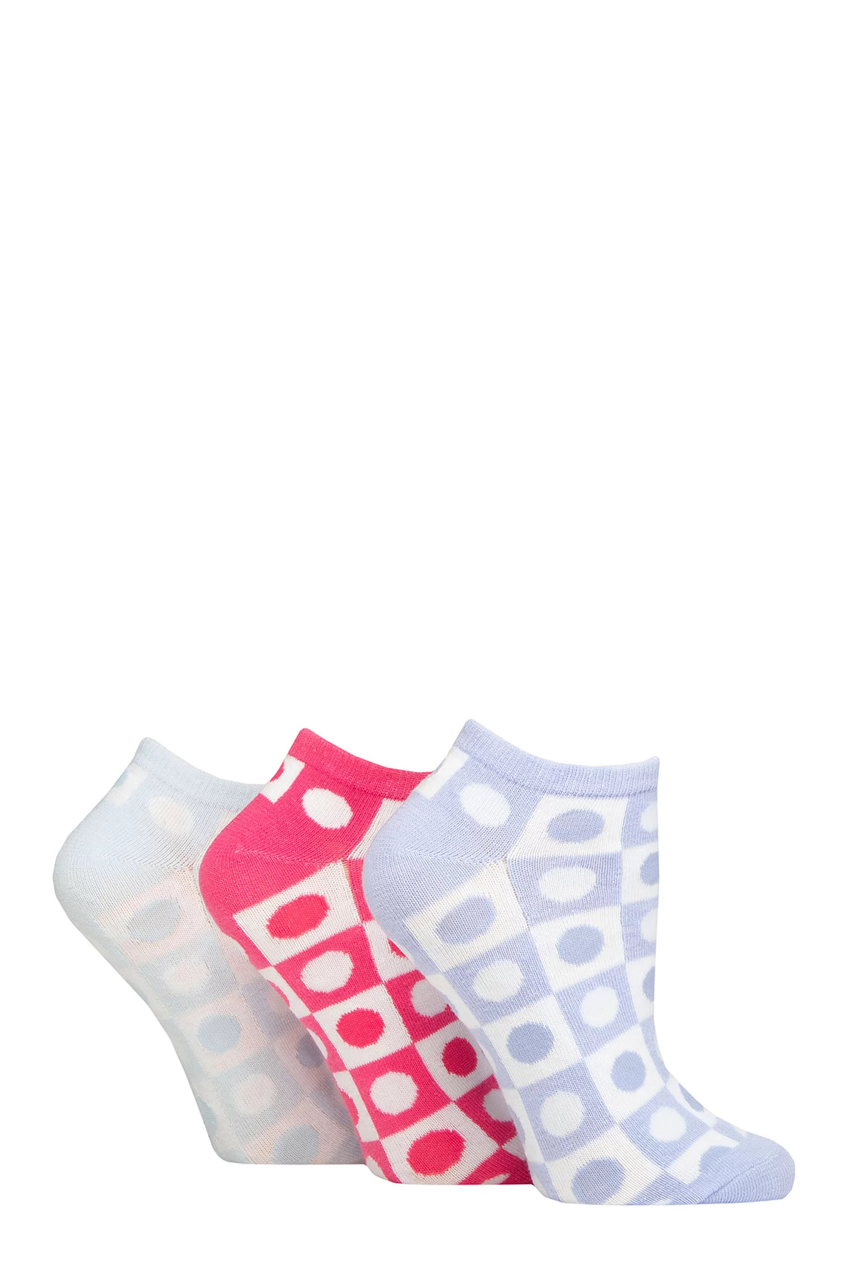 Women's 3 Pair SOCKSHOP Wildfeet Cotton Patterned Trainer Socks Spotty Check Lilac / Pink / Blue 4