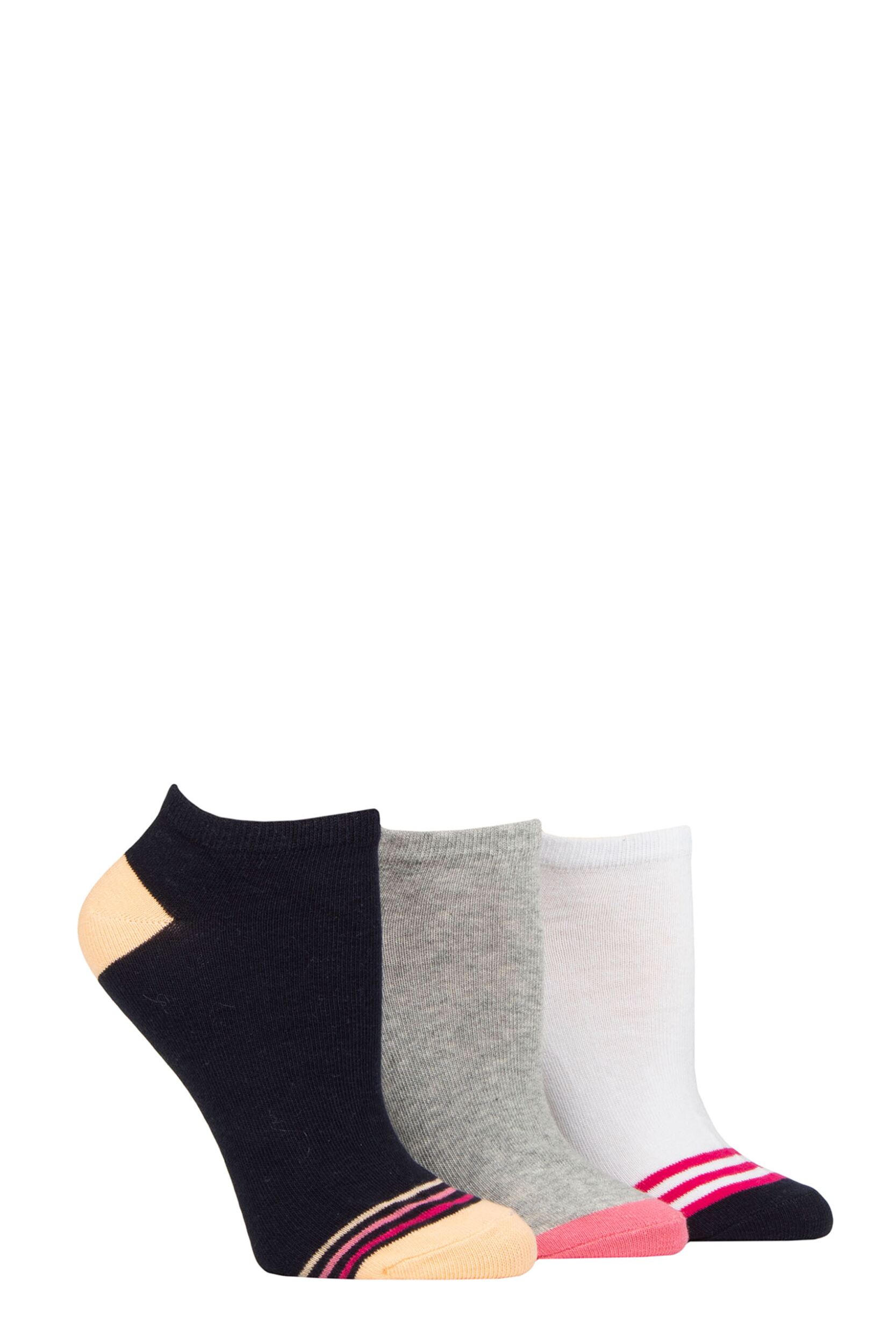Women's 3 Pair SOCKSHOP Wildfeet Cotton Patterned Trainer Socks Toe Stripes Navy / Grey / White 4-8