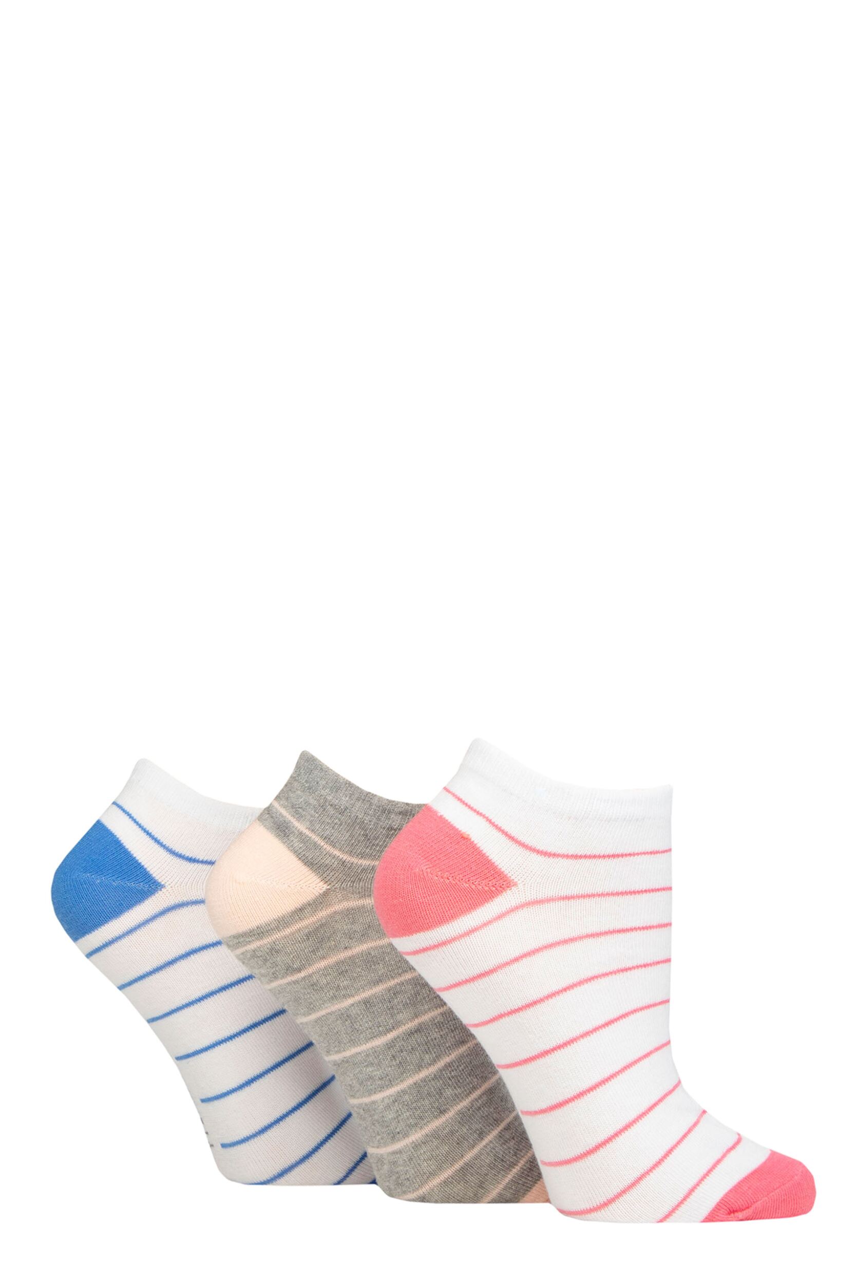 Women's 3 Pair SOCKSHOP Wildfeet Cotton Patterned Trainer Socks Stripes White / Grey / White 4-8