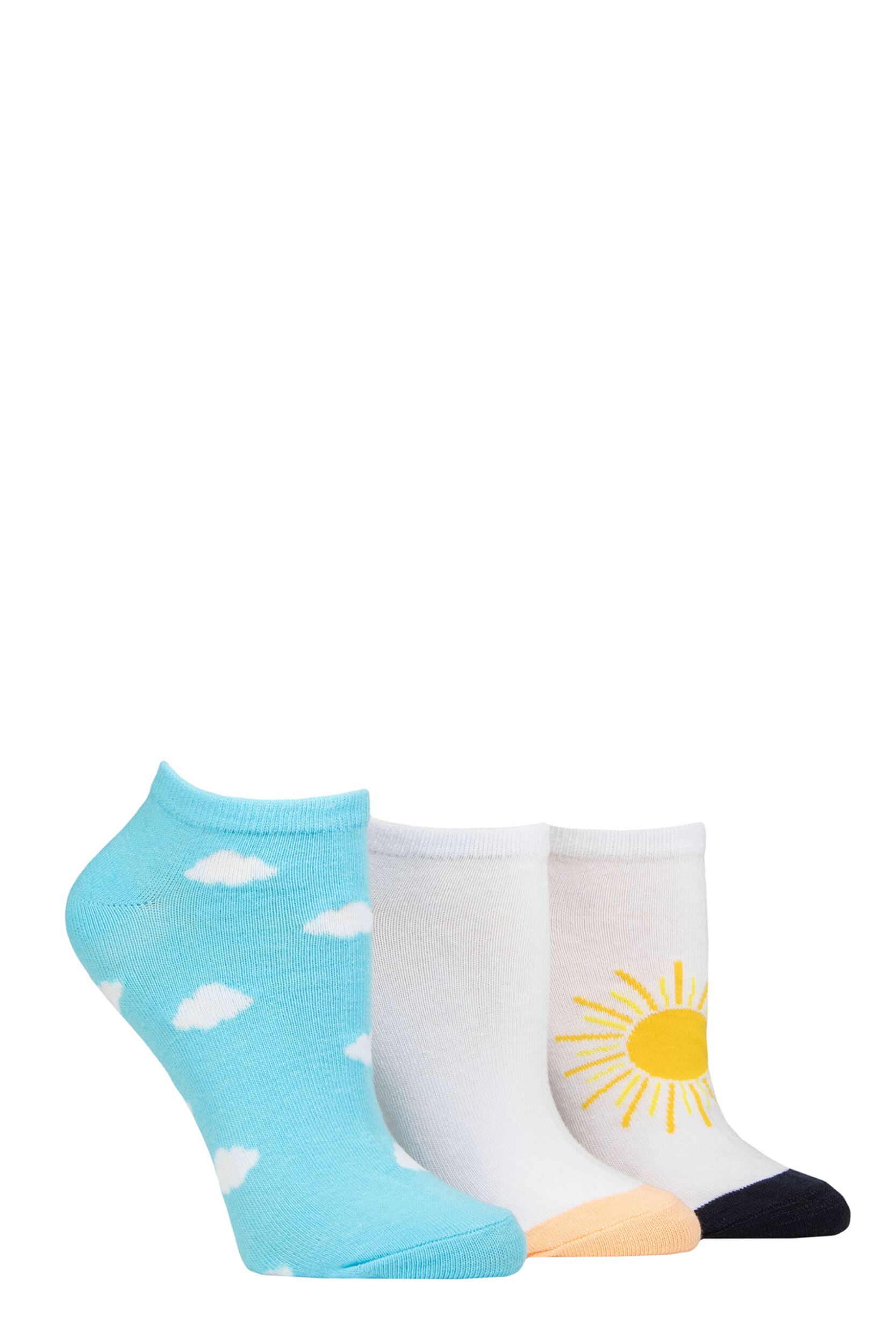 Women's 3 Pair SOCKSHOP Wildfeet Novelty Cotton Trainer Socks Clouds and Sun 4-8