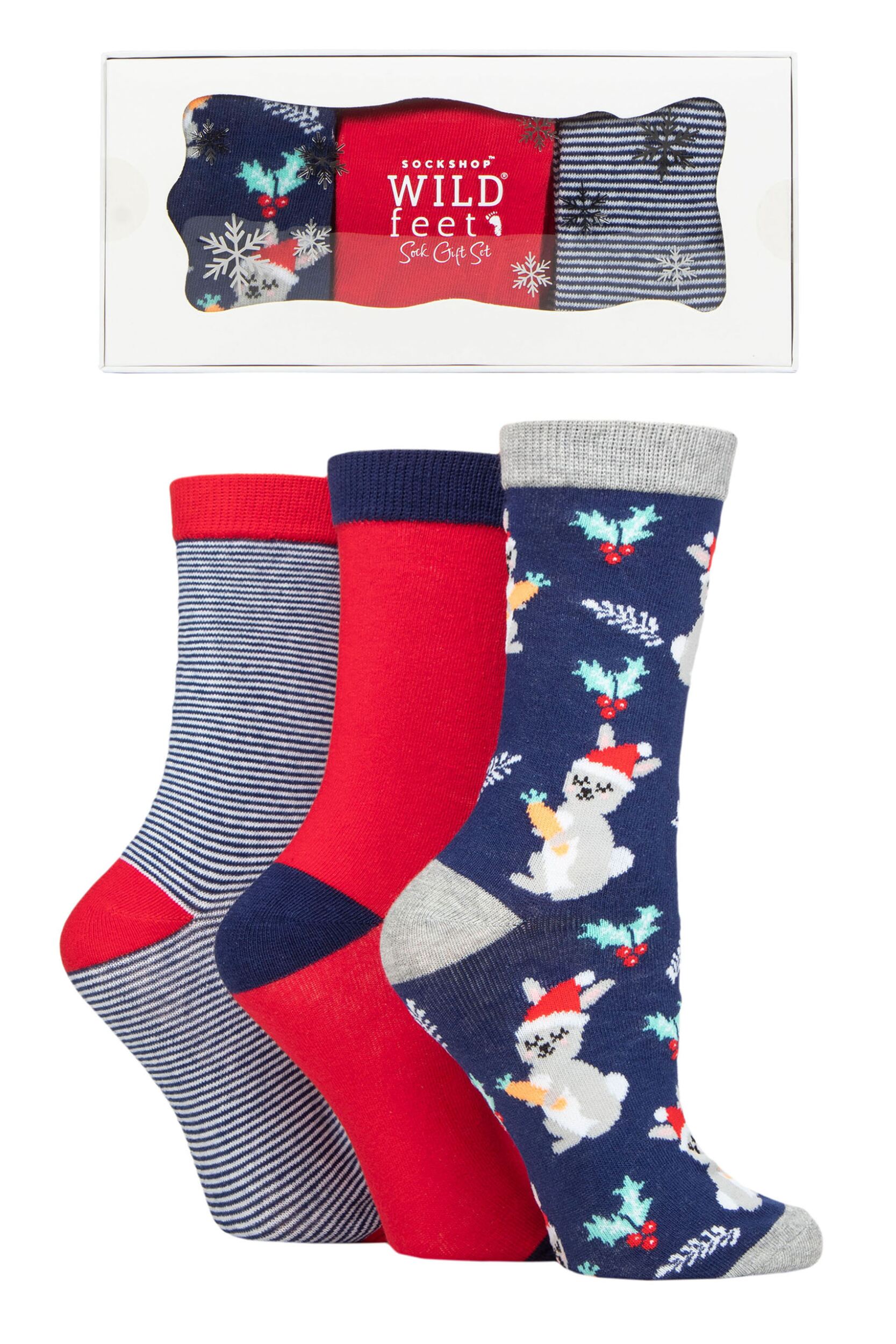 Women's 3 Pair SOCKSHOP Wildfeet Christmas Flat Gift Boxed Socks Bunnies 4-8 Ladies