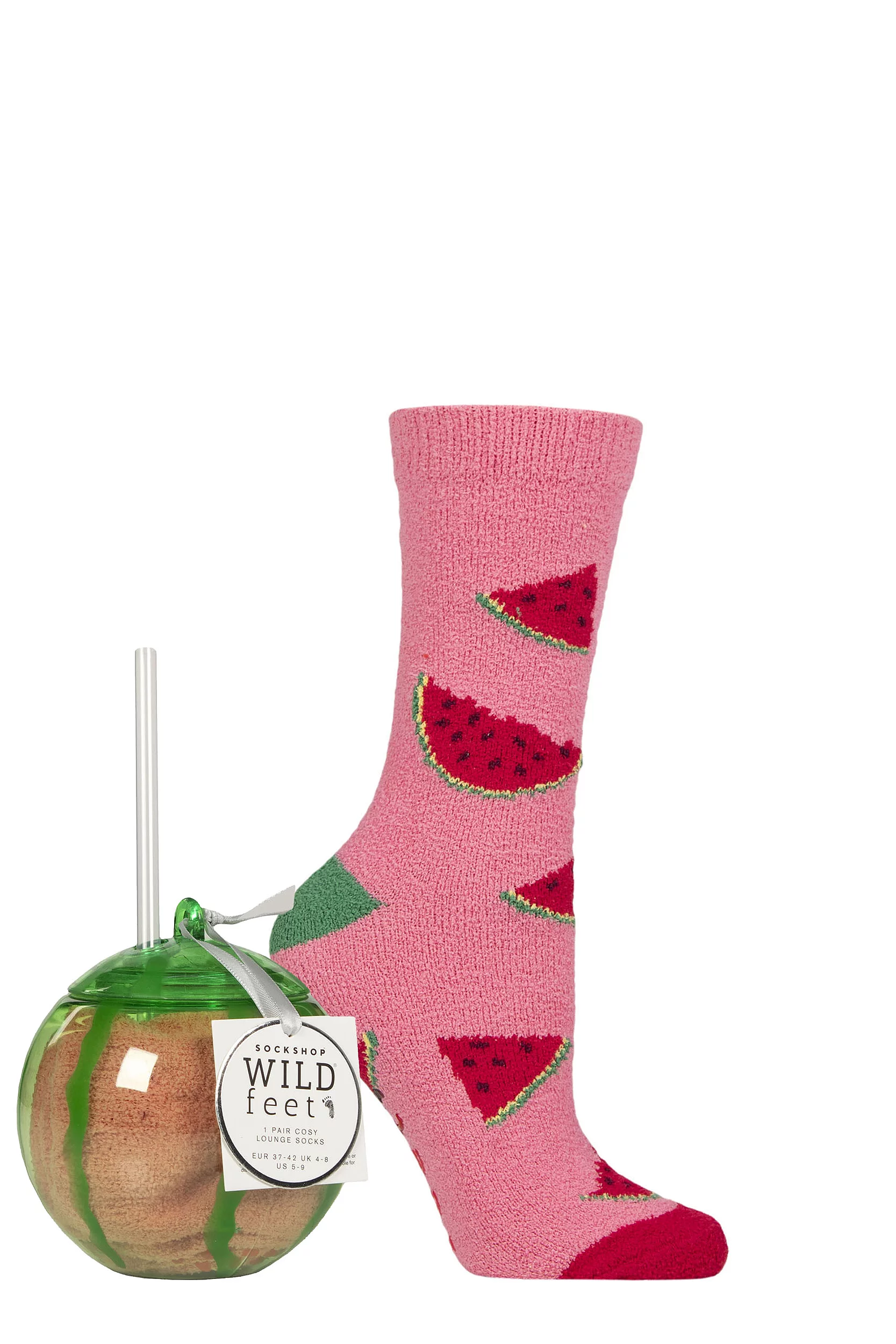 Women's 1 Pair SOCKSHOP Wildfeet ‘Deliciously Different’ Lounge Socks Cup n’ Straw Gift Sets Watermelon 4