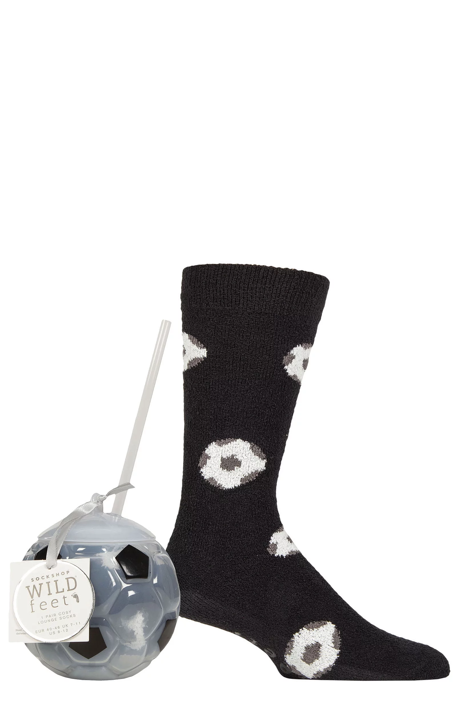 Mens 1 Pair SOCKSHOP Wildfeet ‘Suck It Up!’ Lounge Socks, Cup n’ Straw Gift Set Footballs 7