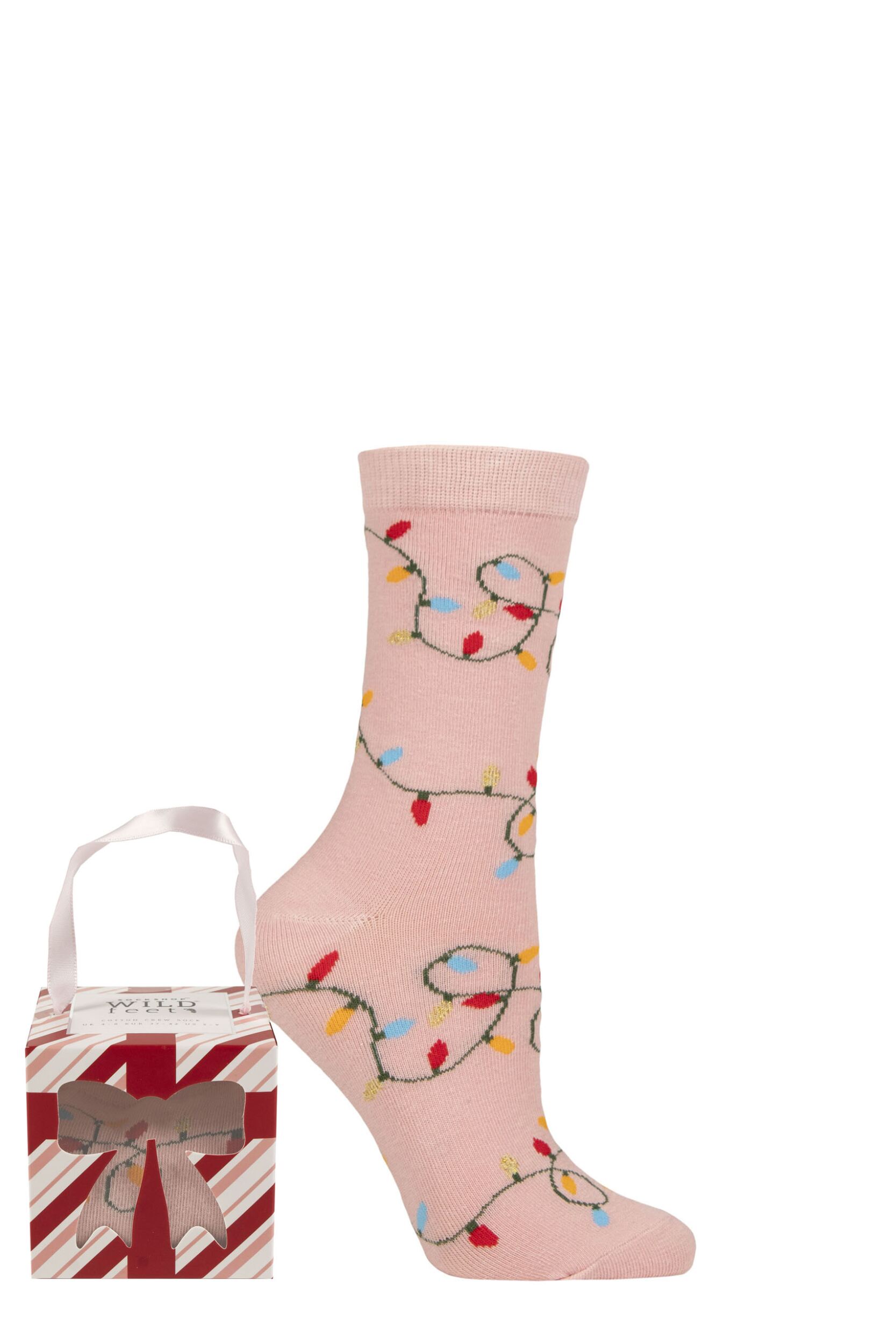 Women's 1 Pair SOCKSHOP Wildfeet Christmas Gift Box Socks Christmas Lights Pink 4-8