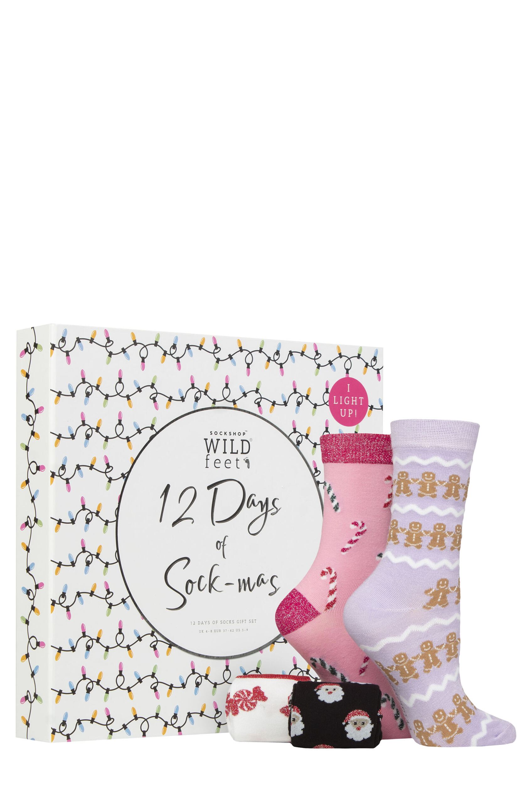 Women's 12 Pair SOCKSHOP Wildfeet 12 Days of Sock-mas Christmas Lights Light Up Christmas Advent Calendar Assorted 4-8