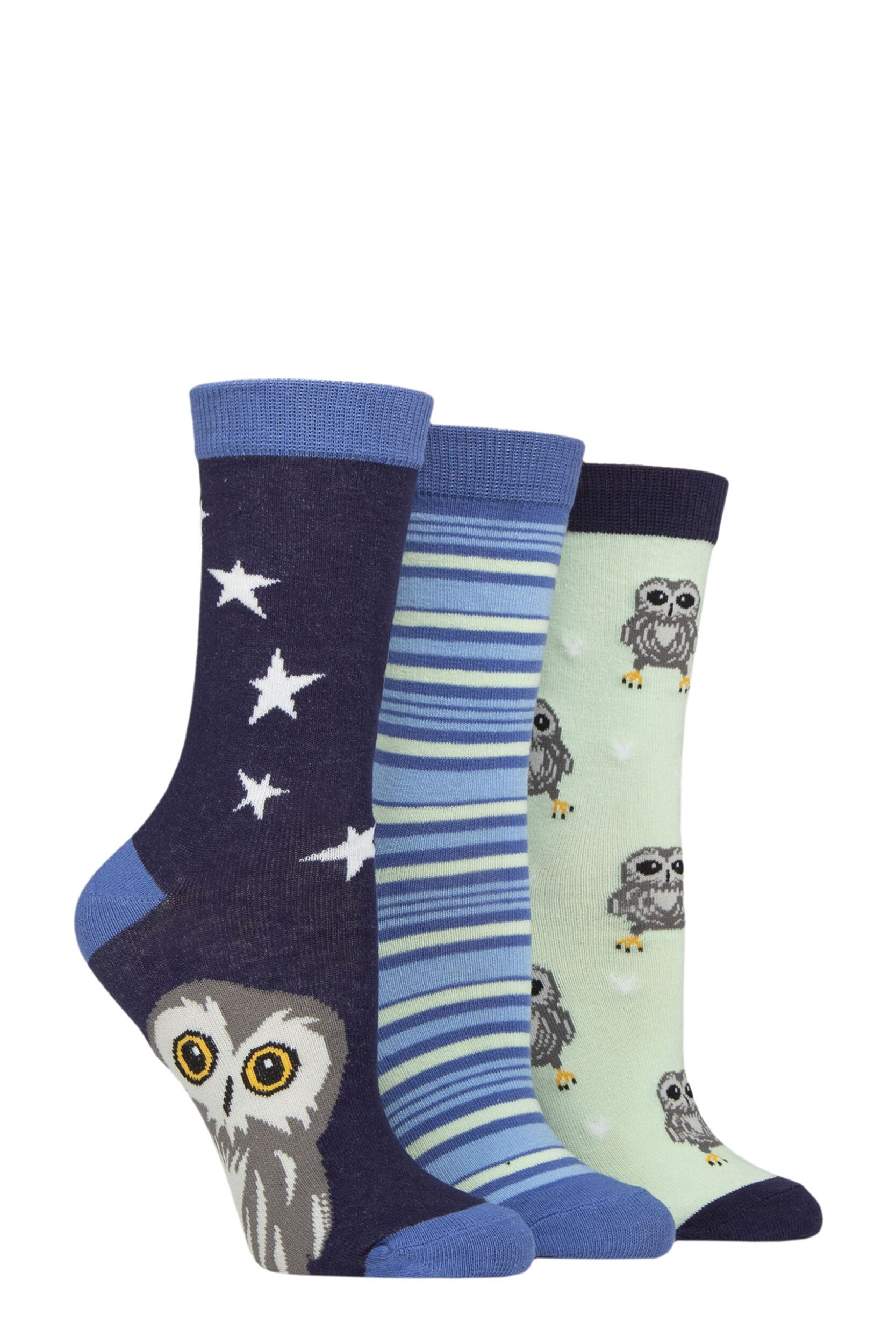 Women's 3 Pair SOCKSHOP Wildfeet Cotton Novelty Patterned Socks Owl 4-8