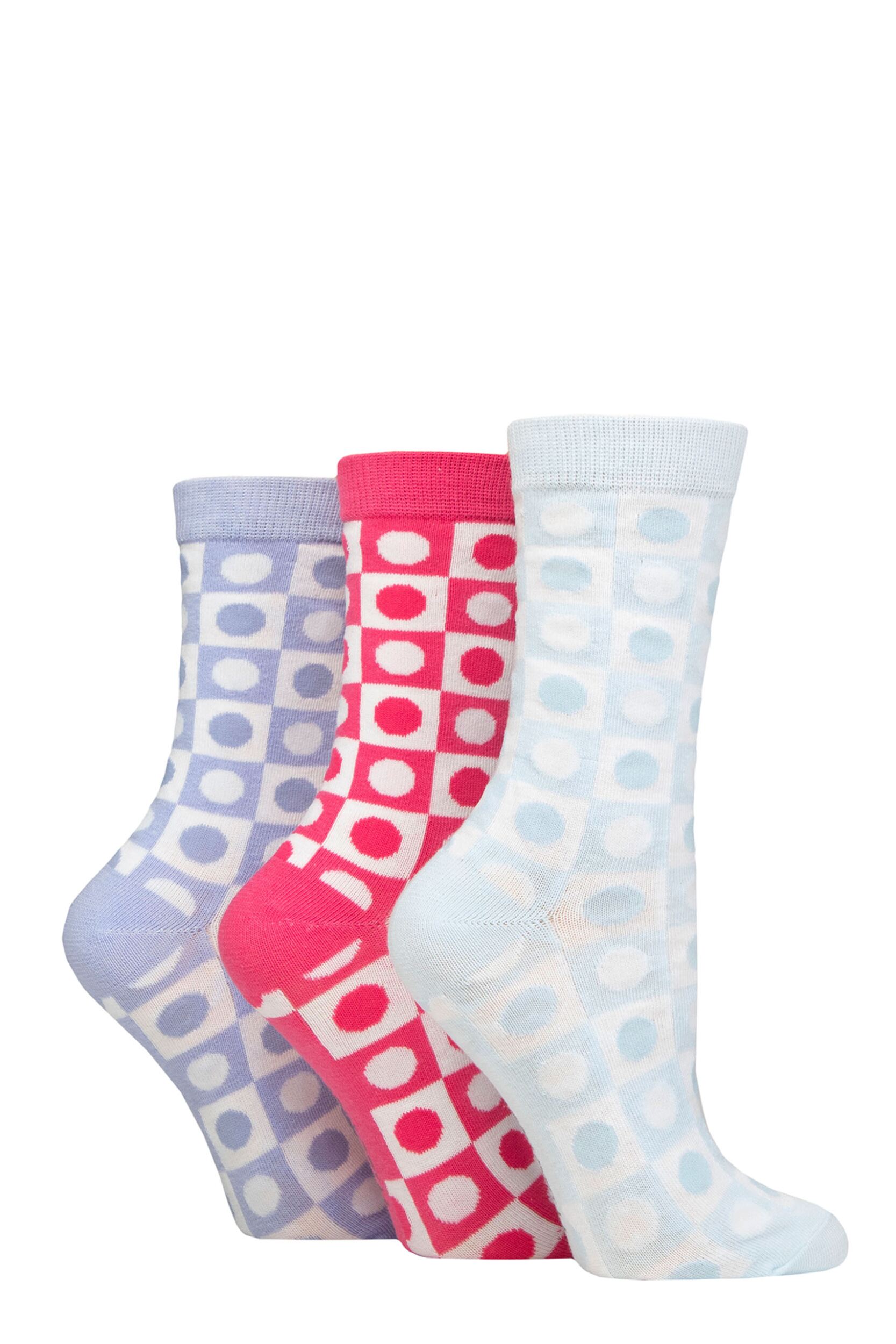 Women's 3 Pair SOCKSHOP Wildfeet Cotton Novelty Patterned Socks Spotty Check Blue / Pink / Purple 4-8