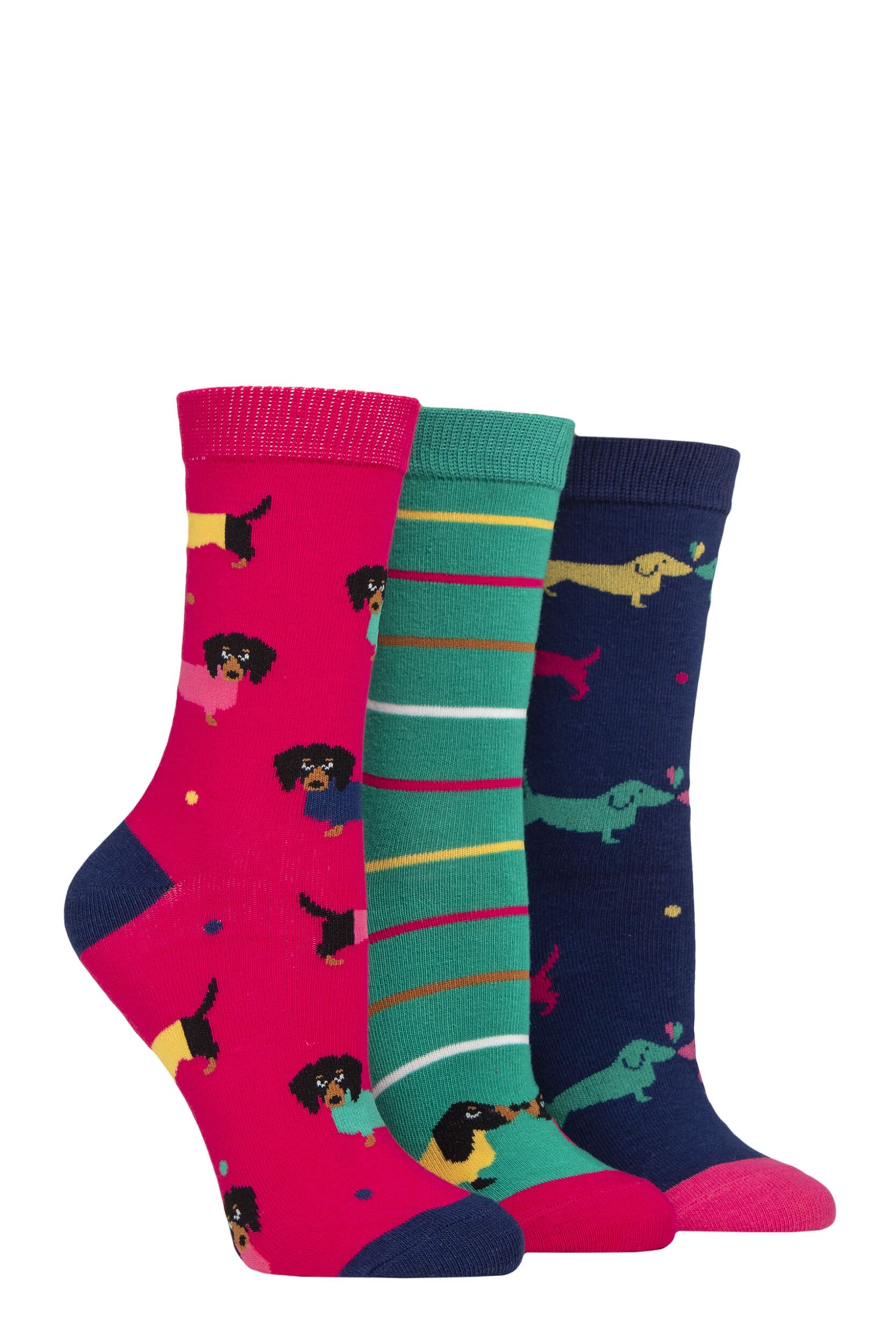 Image of Women's 3 Pair SOCKSHOP Wildfeet Cotton Novelty Patterned Socks Dachshund 4-8 Women's
