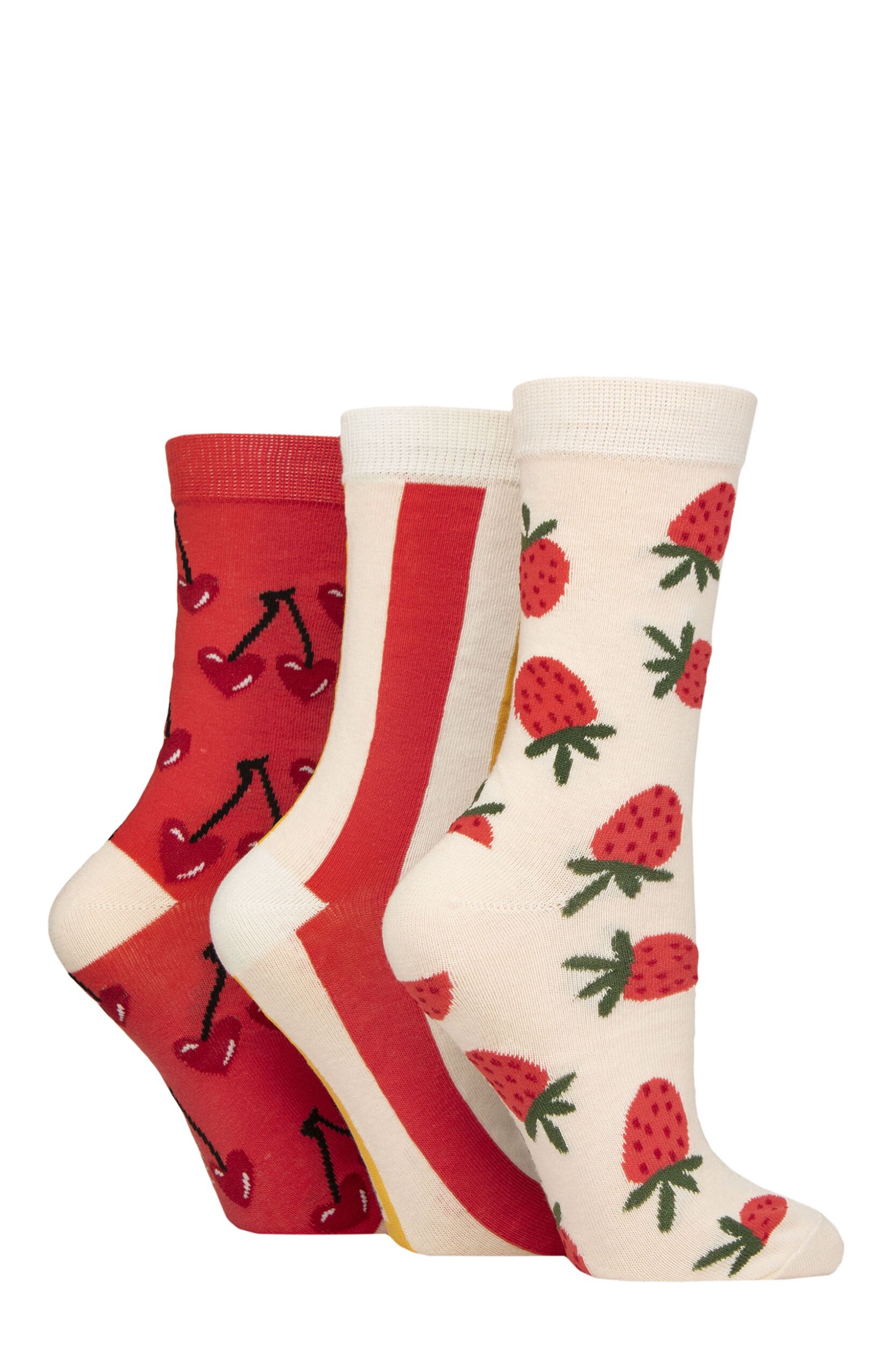 Image of Women's 3 Pair SOCKSHOP Wildfeet Cotton Novelty Patterned Socks Fruit Strawberries / Cherries 4-8