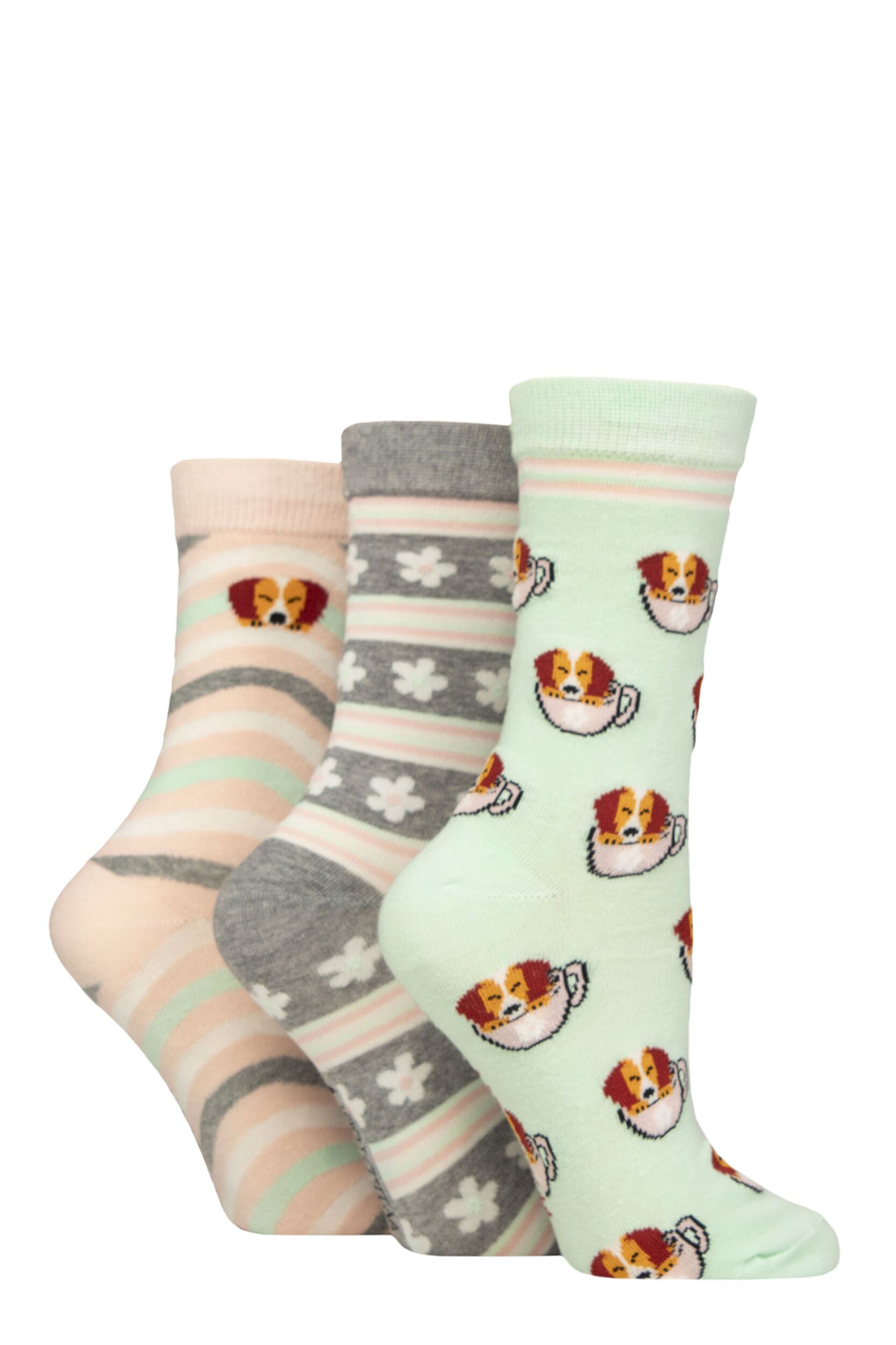 Image of Women's 3 Pair SOCKSHOP Wildfeet Cotton Novelty Patterned Socks Dog in a Teacup 4-8
