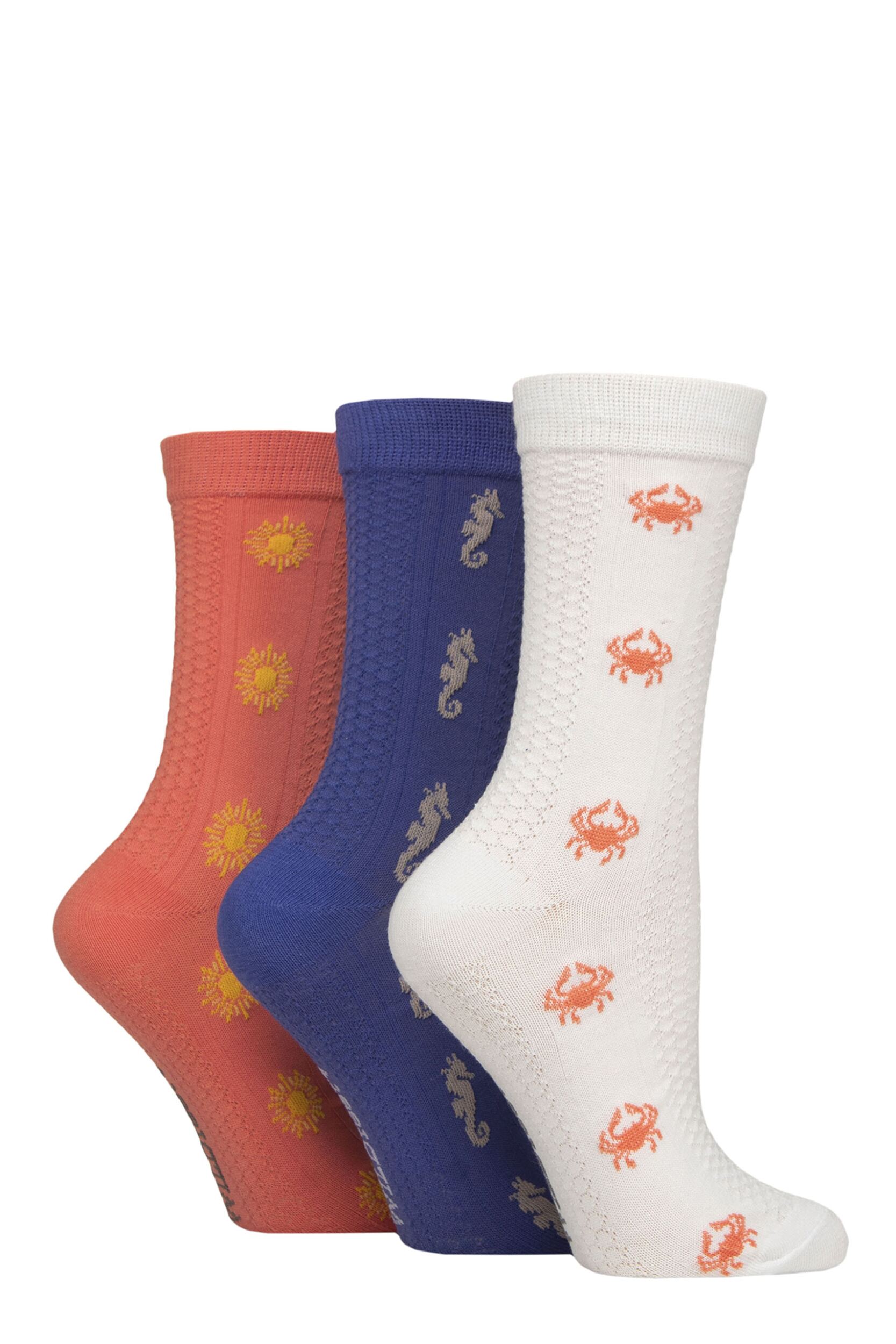 Women's 3 Pair SOCKSHOP Wildfeet Textured Knit Cotton Socks Crab / Seahorse / Sun 4-8 Women's