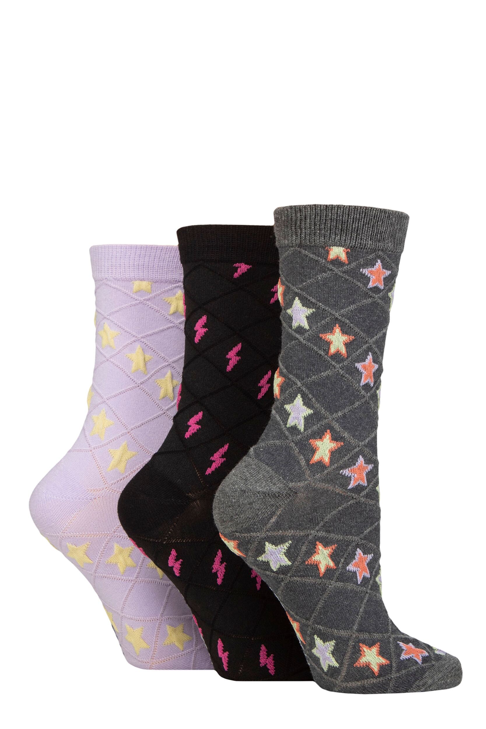 Women's 3 Pair SOCKSHOP Wildfeet Textured Knit Cotton Socks Stars / Lightning Bolt 4-8